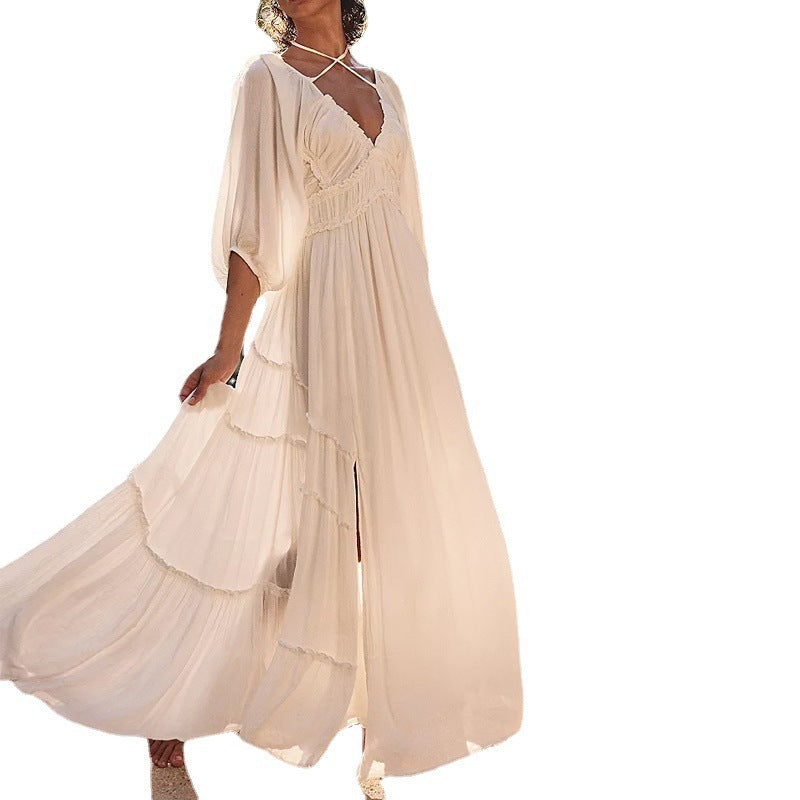 Spring And Summer New Women's V-neck Half Sleeves Dress - Saffronfashionindia