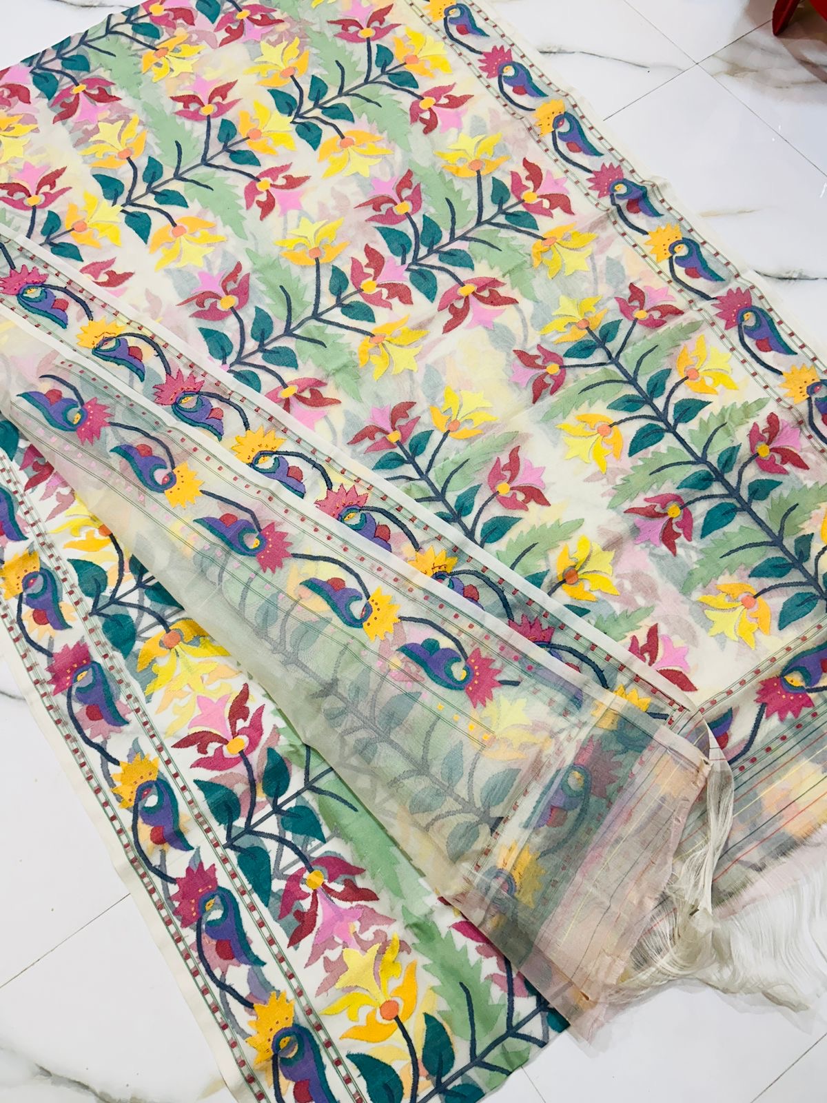 Livina Jamdani saree Tantuj Muslin handwoven sari blouse Saffronfashionindia