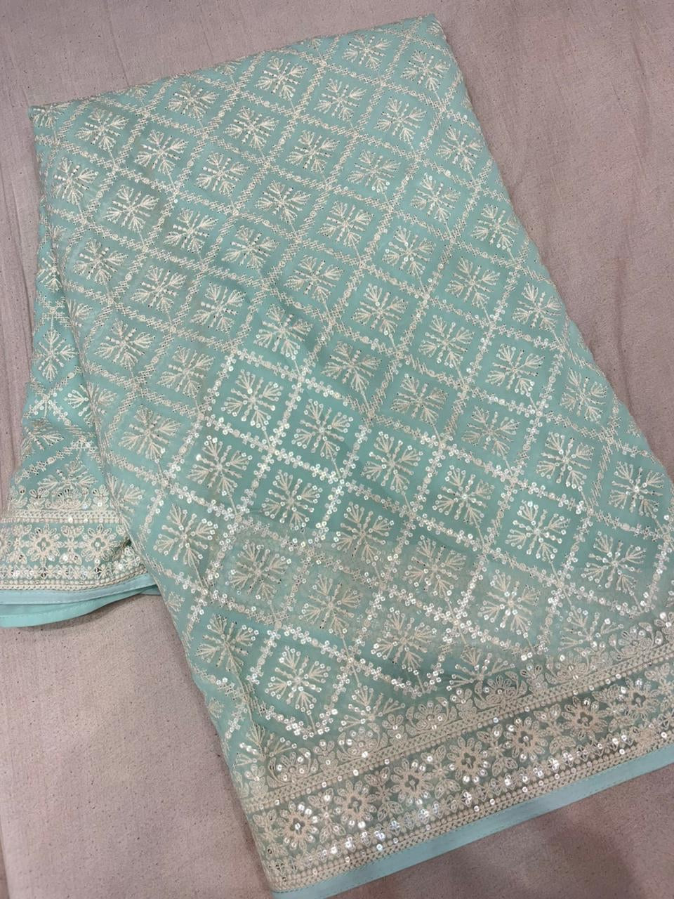 Sequins chikankari saree Indian Gorgette saree - Saffronfashionindia