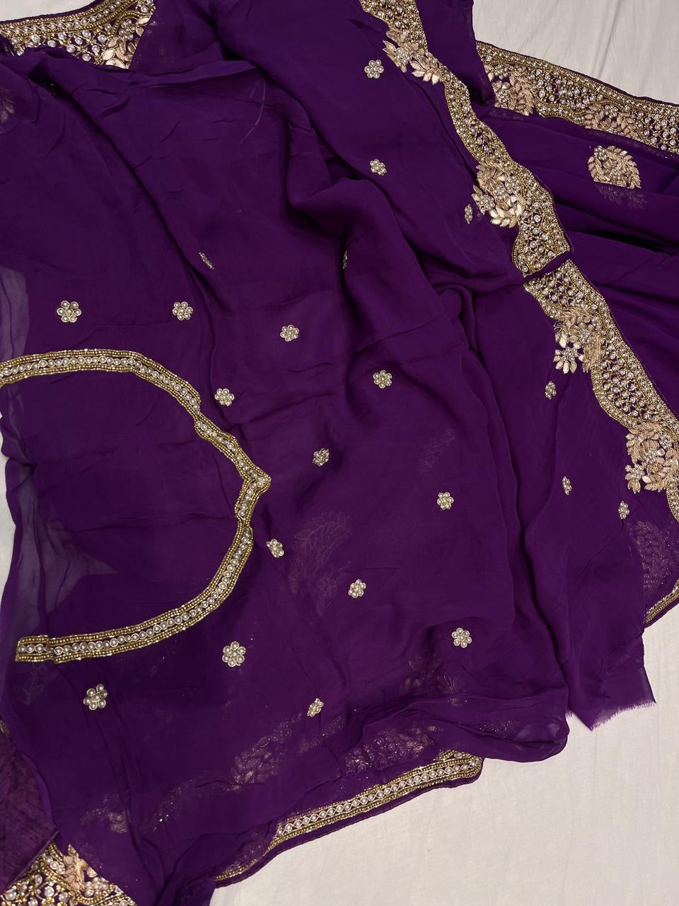 Purple Gorgette Gottapatti Saree Zardosi Saree Indian Sari - Saffronfashionindia