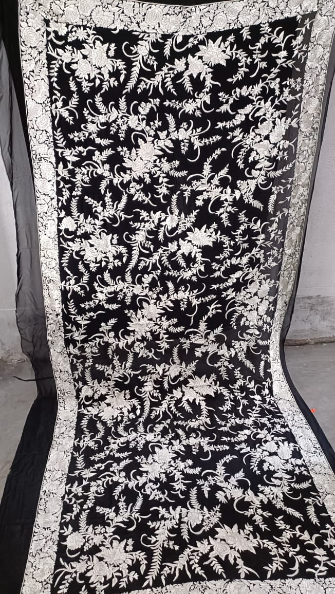 Black white Parsi Gara Authentic Dupatta - Saffronfashionindia