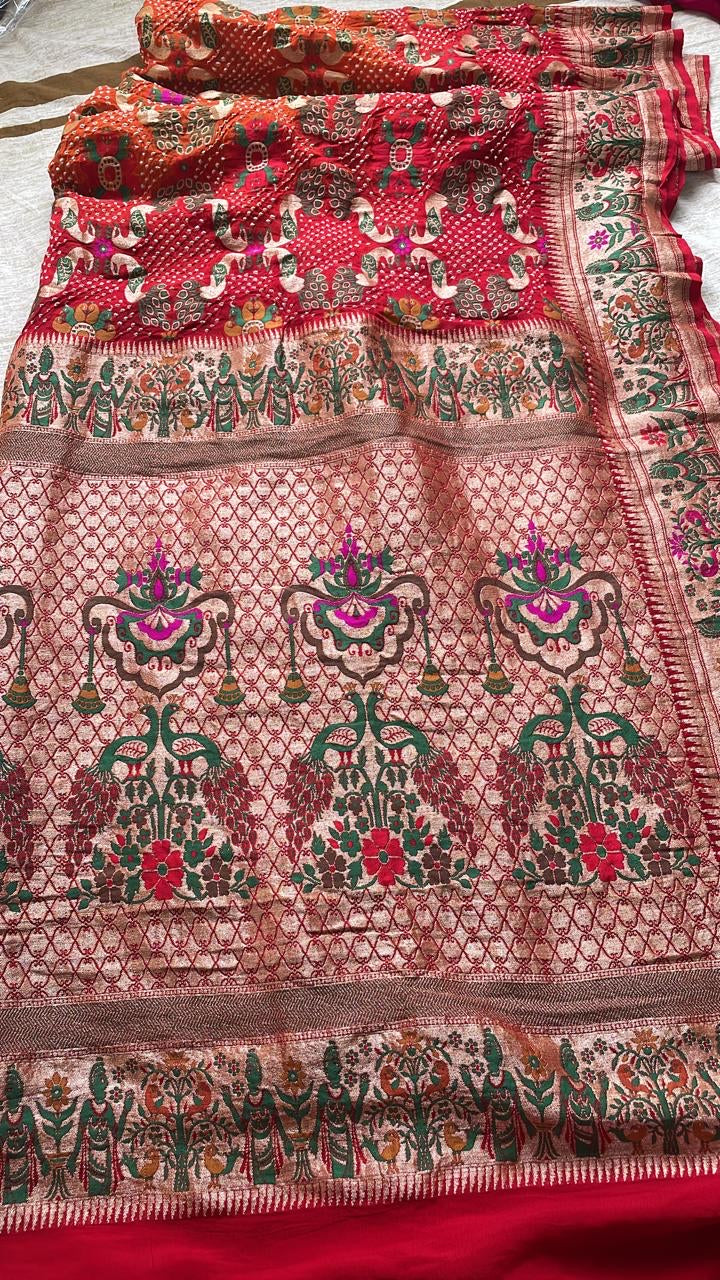 Sushina handwoven Banarasi Bandhej dupatta - Saffronfashionindia