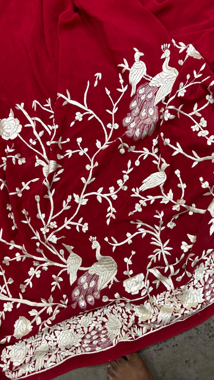 Red bridal inspired parsi gara saree authentic parsi sarees Indian traditional sari blouse - Saffronfashionindia