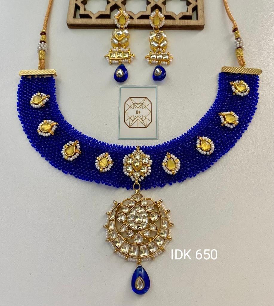 Blue kundan fusion Necklace set - Saffronfashionindia