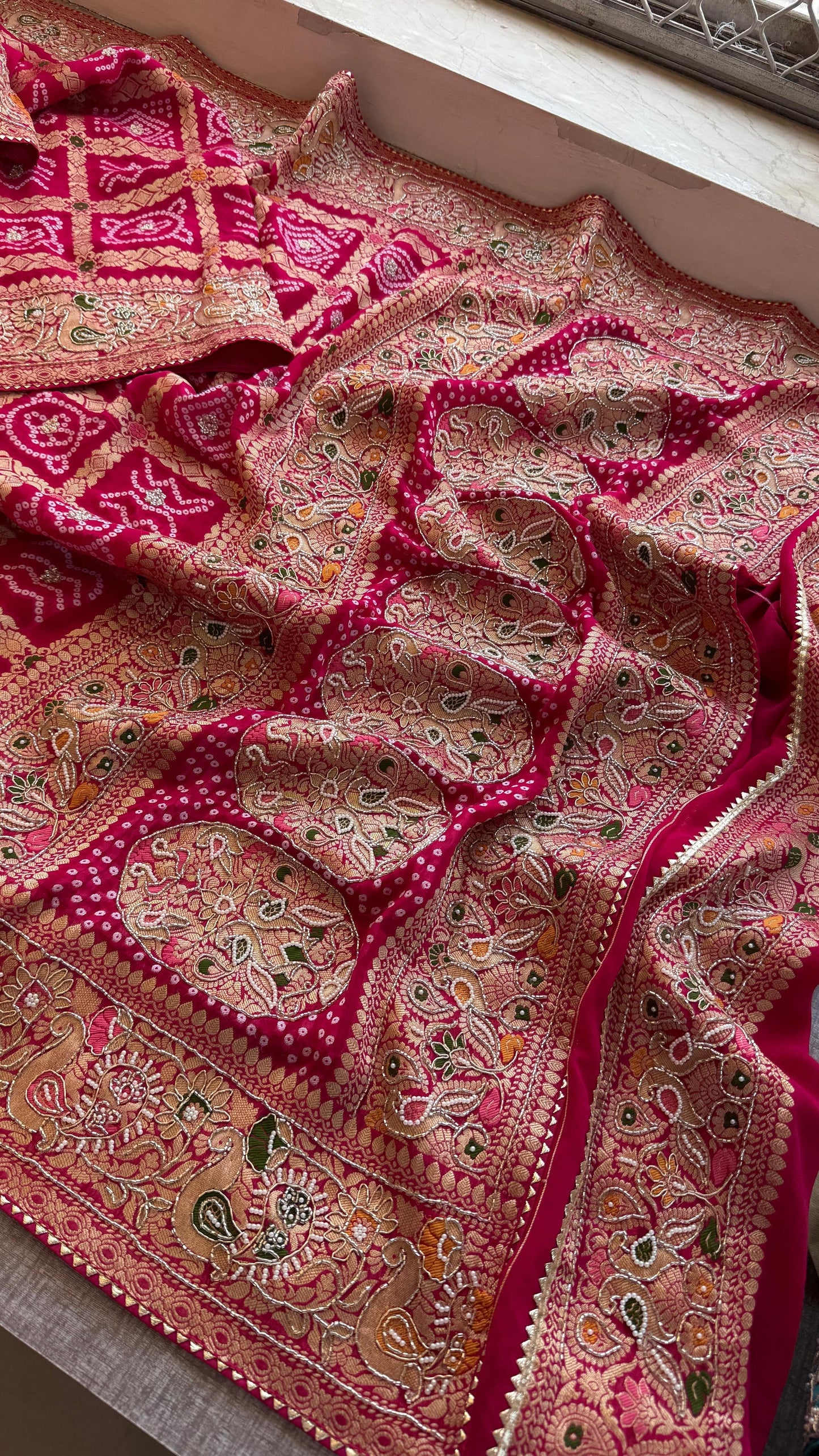 Zardosi Khaddi gorgette saree Indian wedding sarees SaffronFashion
