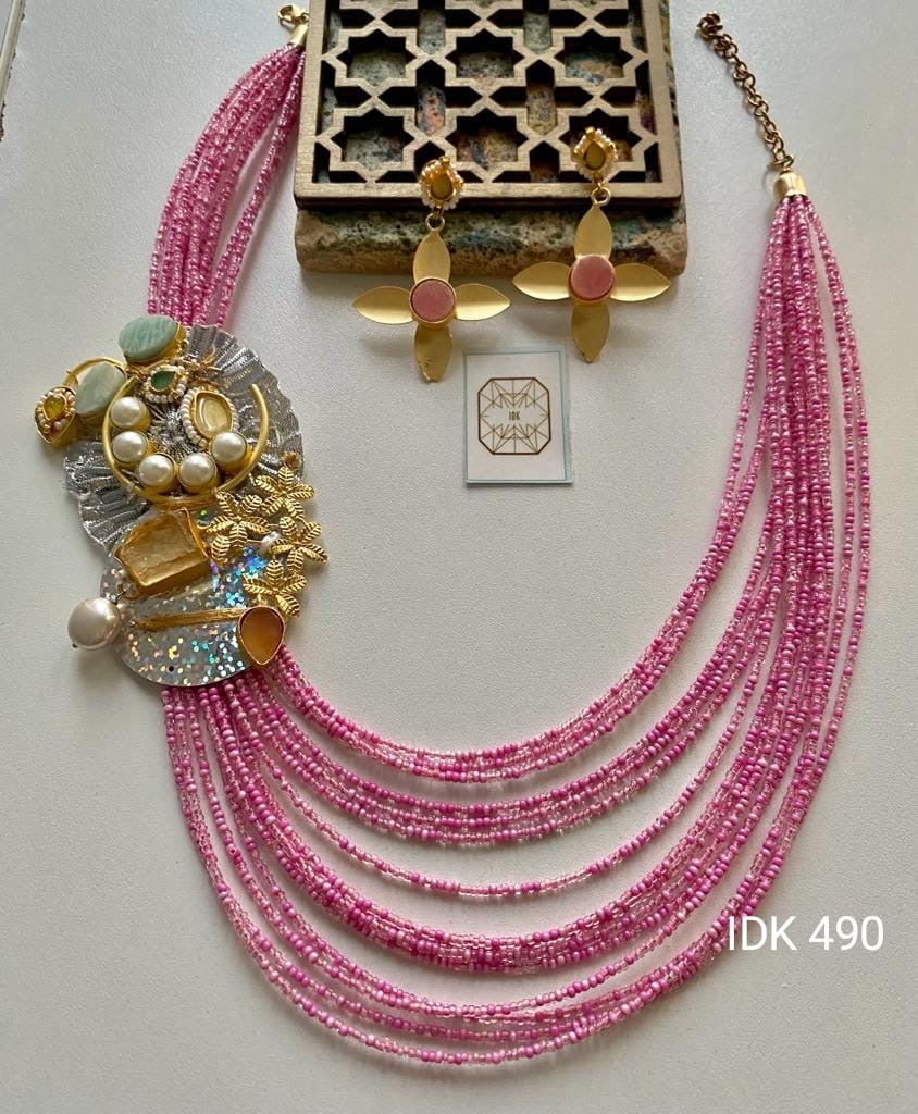 Pink rahani beaded necklace set - Saffronfashionindia