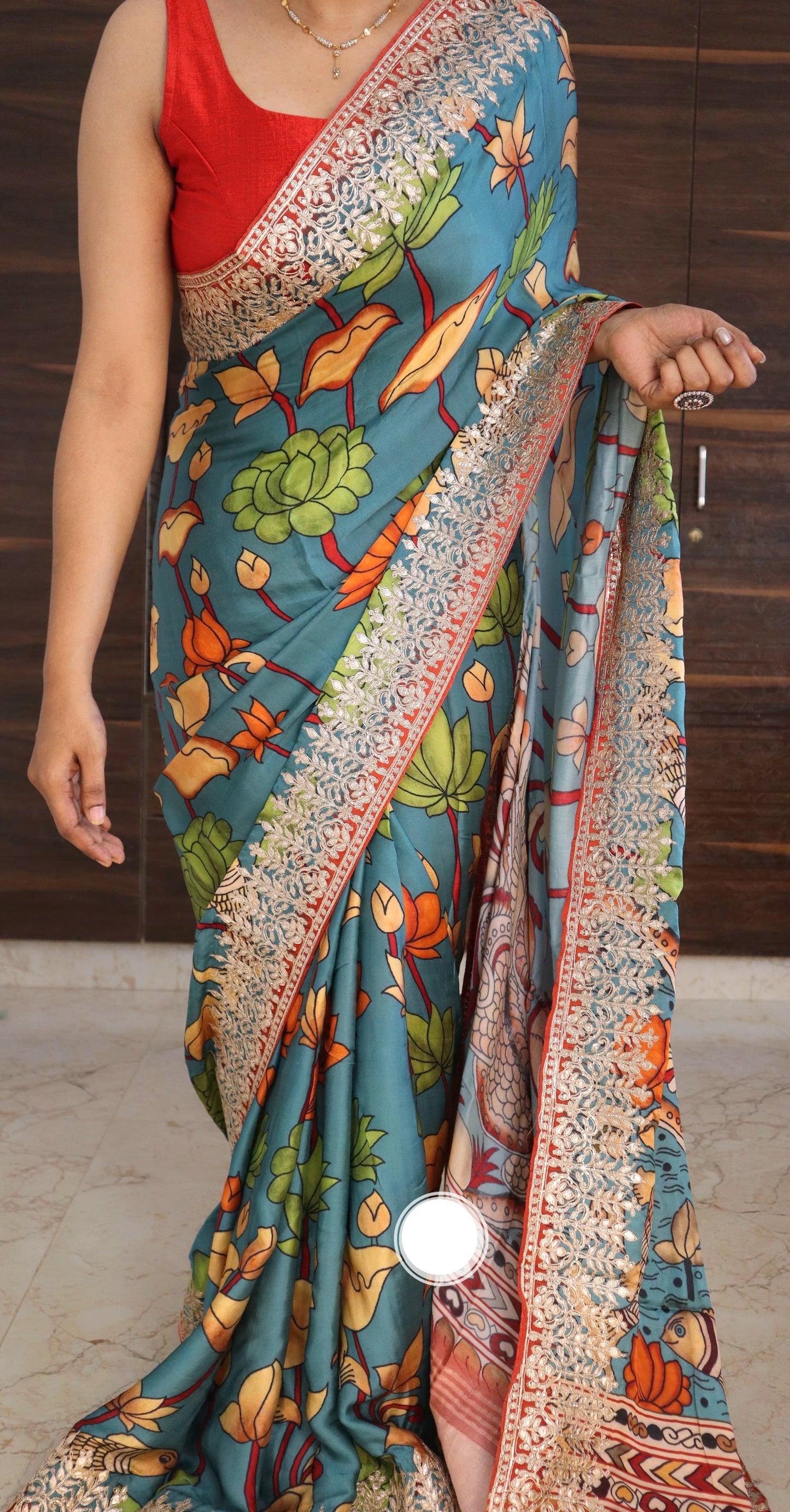 Kalamkari Gajji silk saree gottapatti saree - Saffronfashionindia