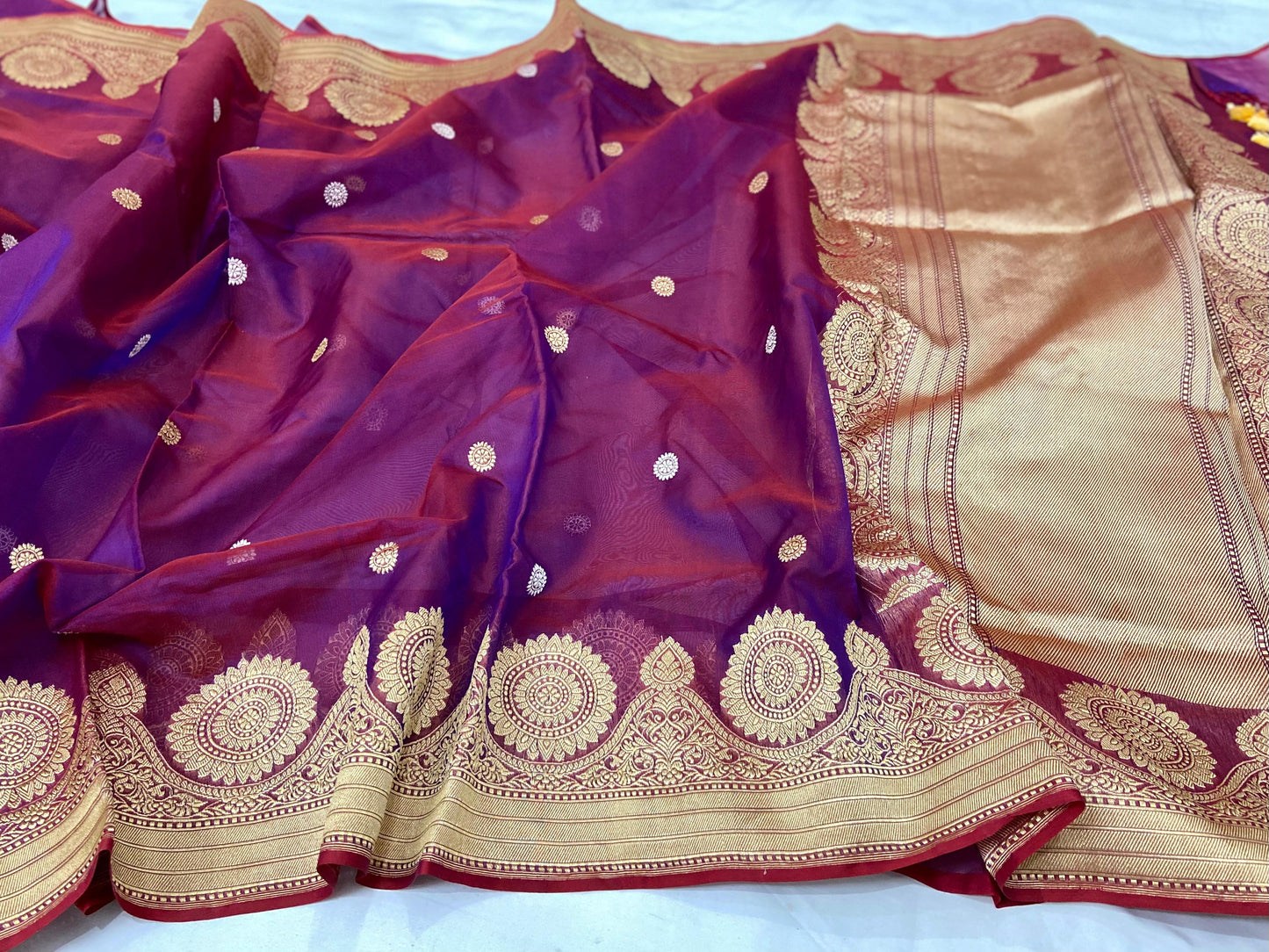 Wine banarsi kora beautiful saree - Saffronfashionindia