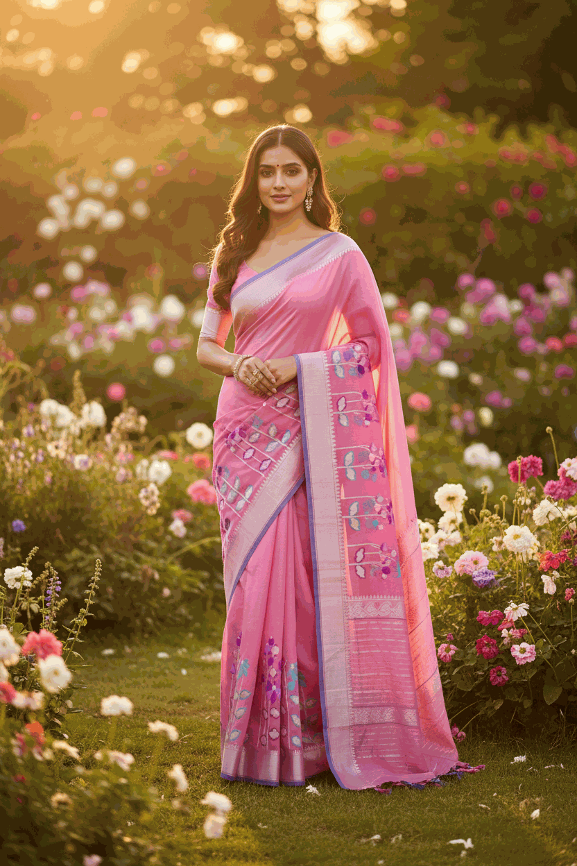 Pink iktara cotton saree jamdani saree floral sari blouse SaffronFashion
