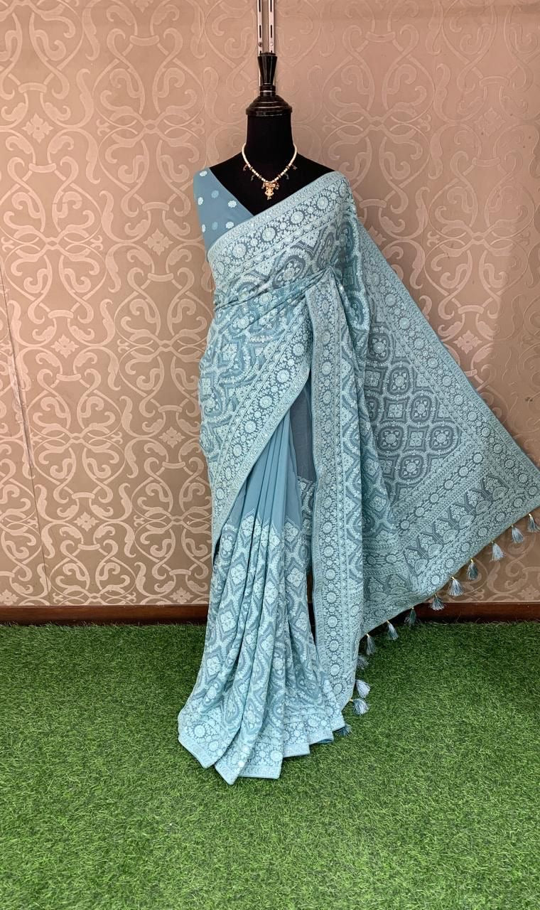 Ivshika Chikankari Saree Georgette saree Indian Pakistani sari blouse SaffronFashion