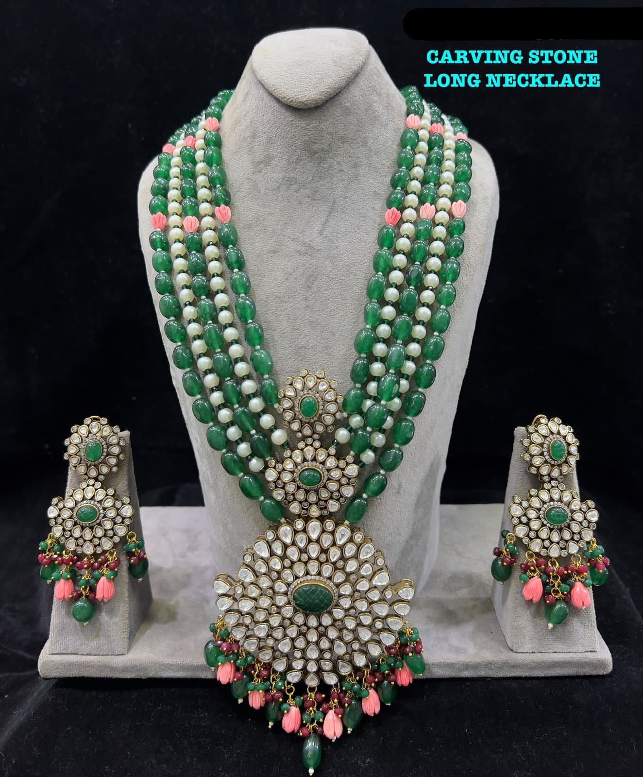 Green long Kundan Necklace set - Saffronfashionindia