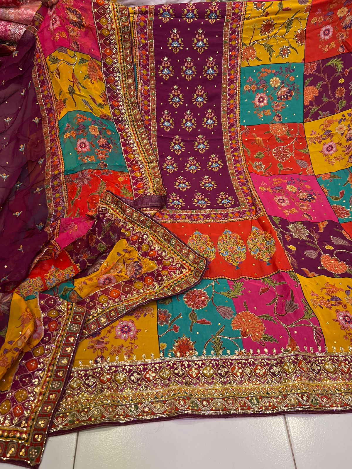 Multicolour organza Pakistani salwar suit - Saffronfashionindia