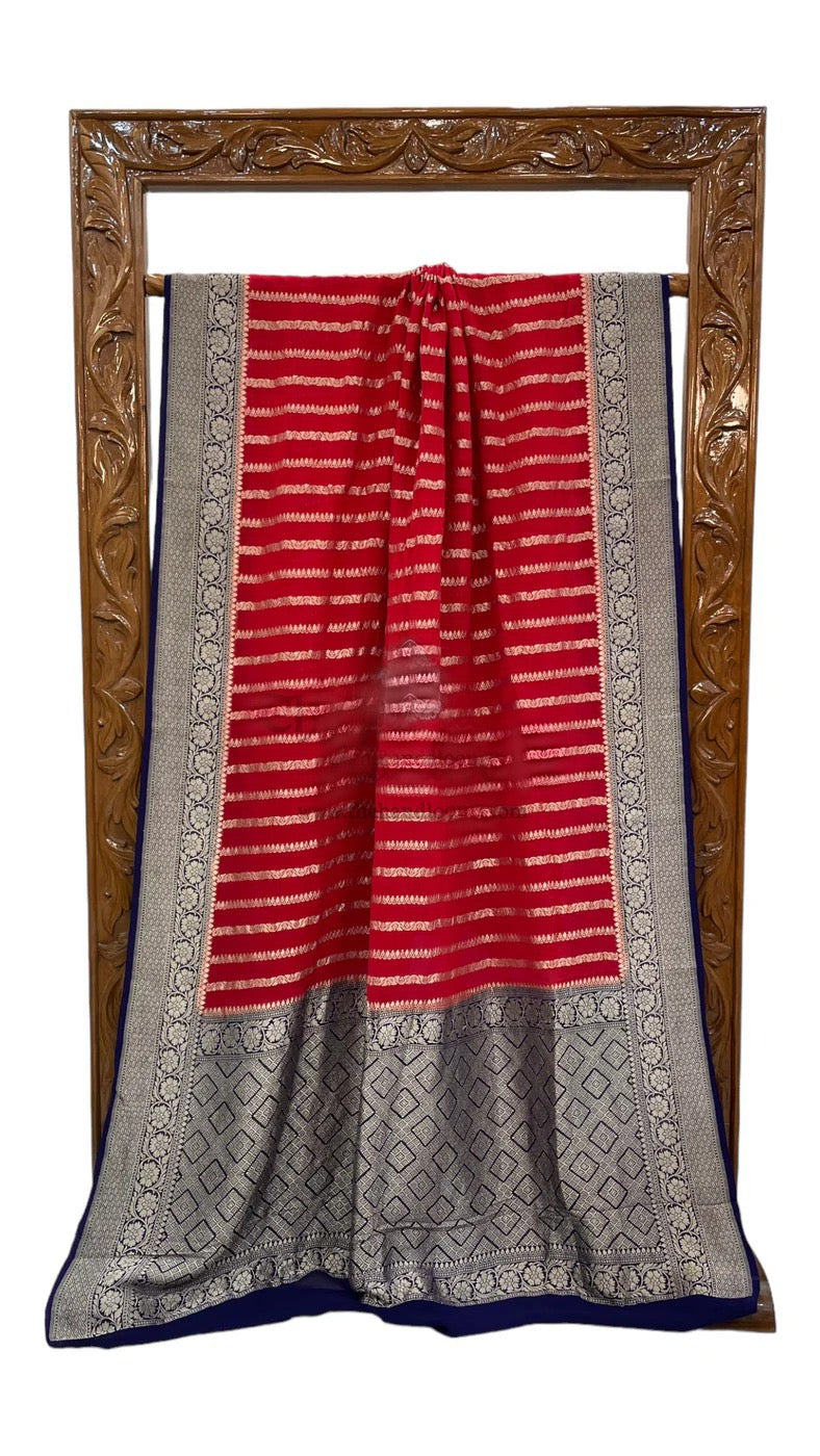 Banarsi saree water Zari Khaddi Gorgette saree blouse - Saffronfashionindia