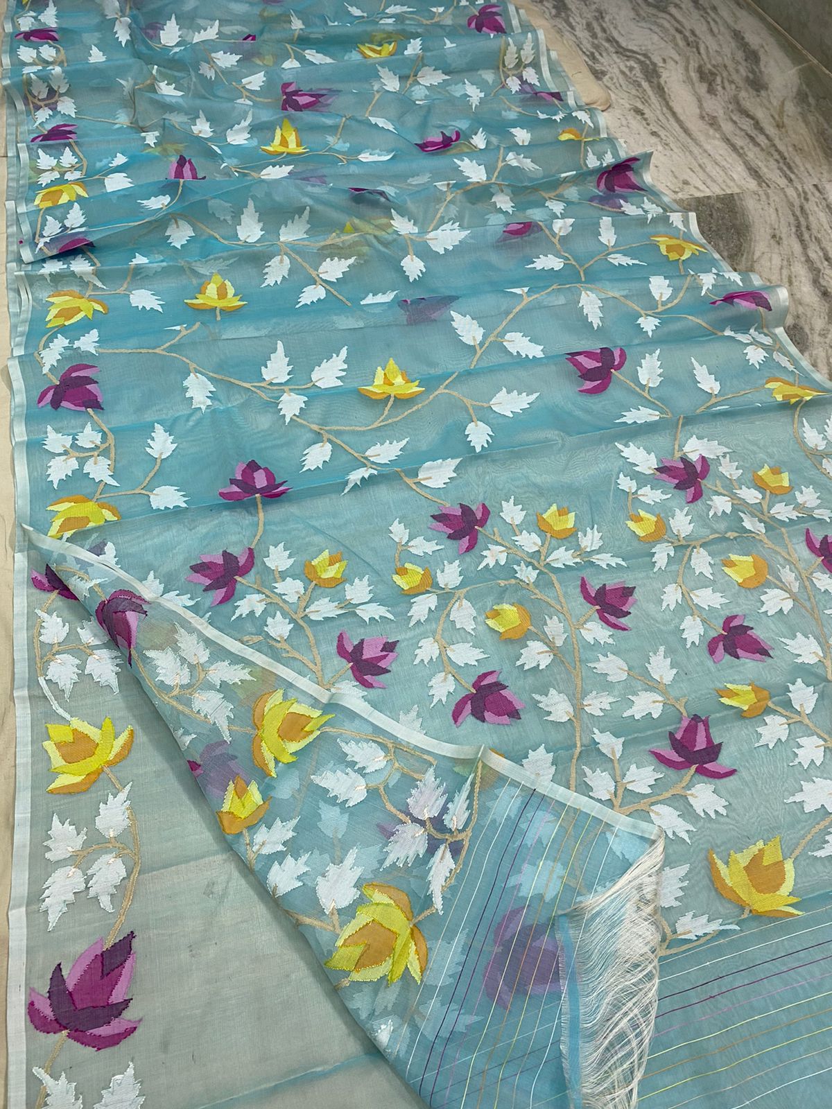 Aqua muslin tantuj jamdani saree - Saffronfashionindia