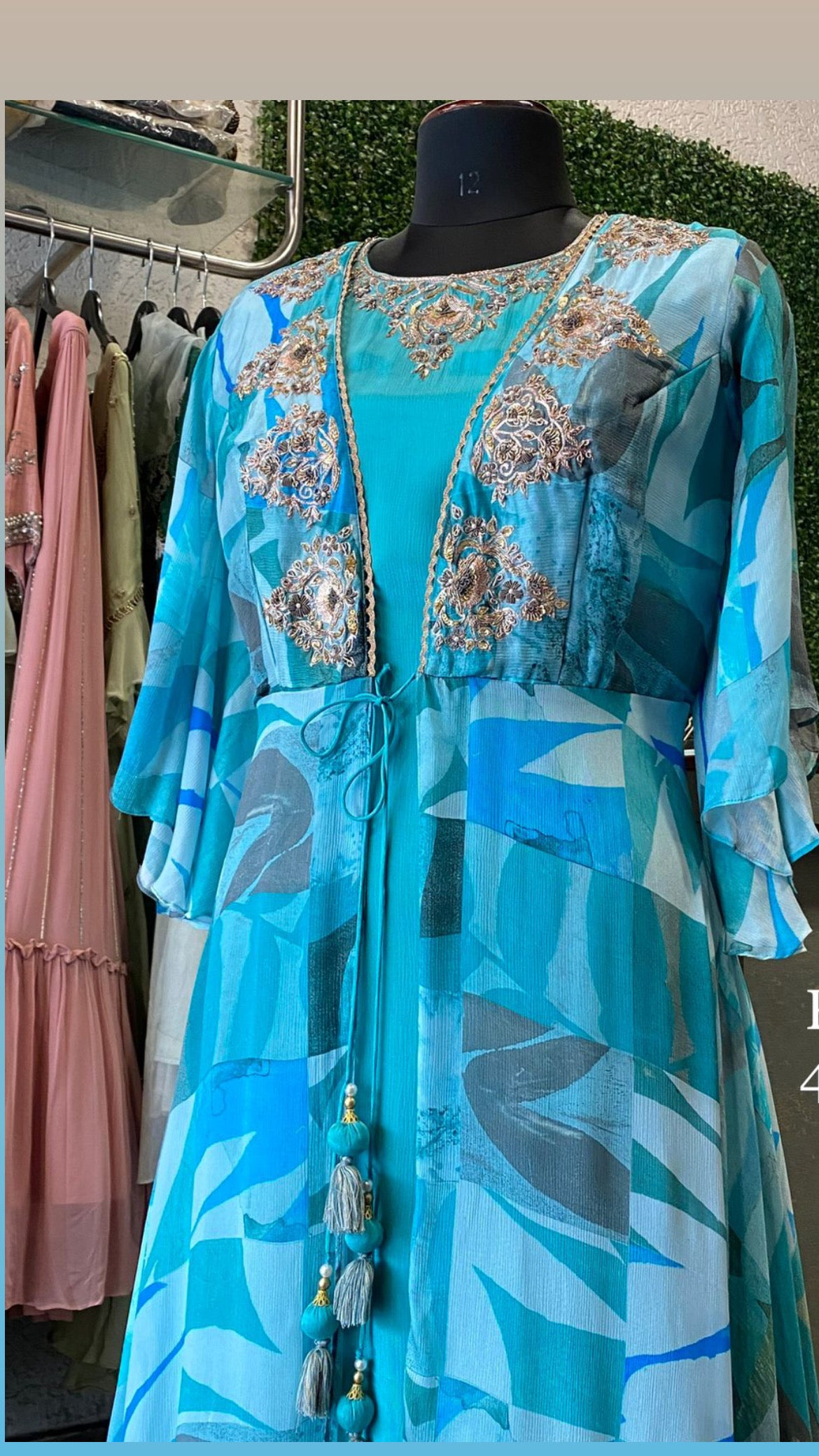 Blue chinon indowestern dress - Saffronfashionindia