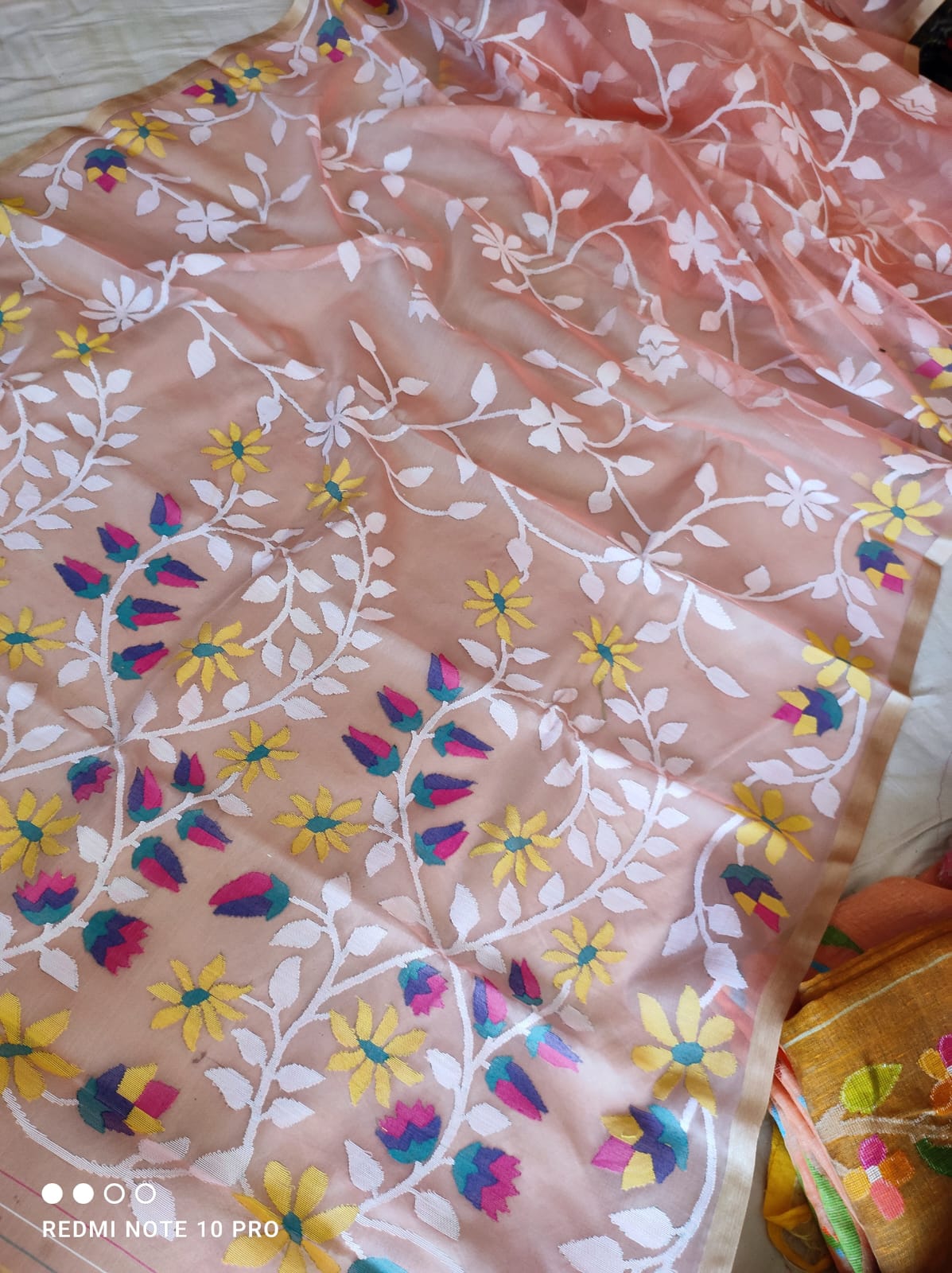 Peachy muslin jamdani saree - Saffronfashionindia