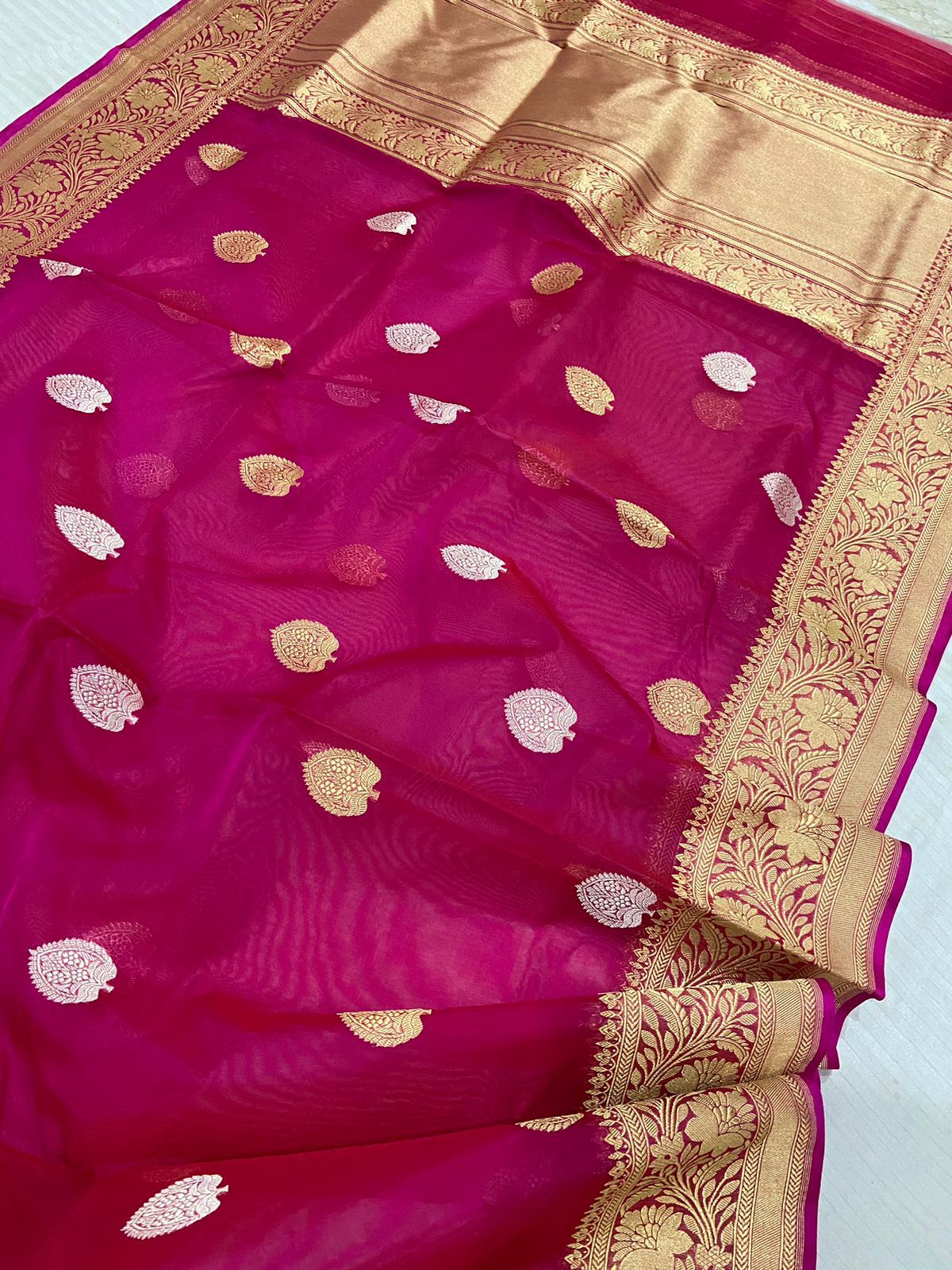 Gulabi Banarsi kora silk sarees - Saffronfashionindia