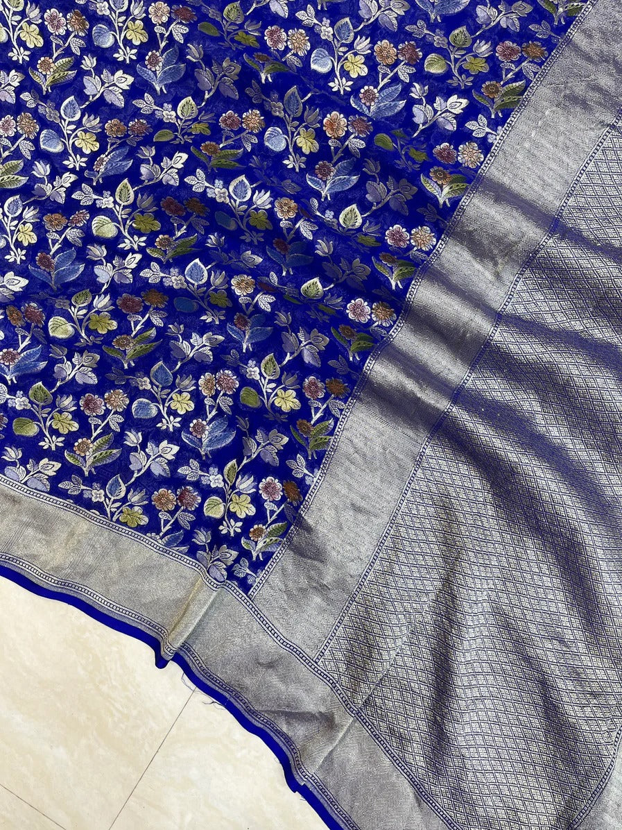 Mavisha blue gorgette handloom saree - Saffronfashionindia