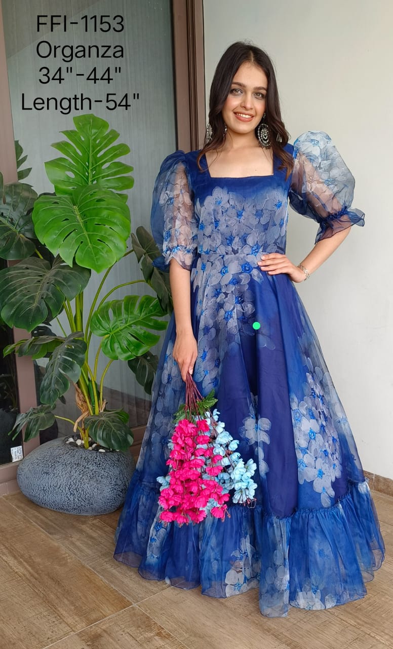Royal blue floral organza dress - Saffronfashionindia