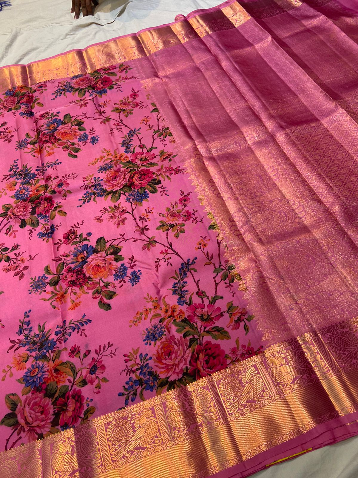 Pink floral saree - Saffronfashionindia