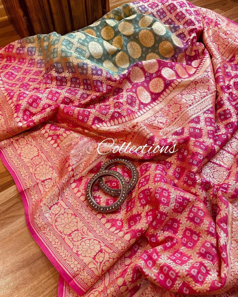 Weaving bandhani gorgette saree - Saffronfashionindia