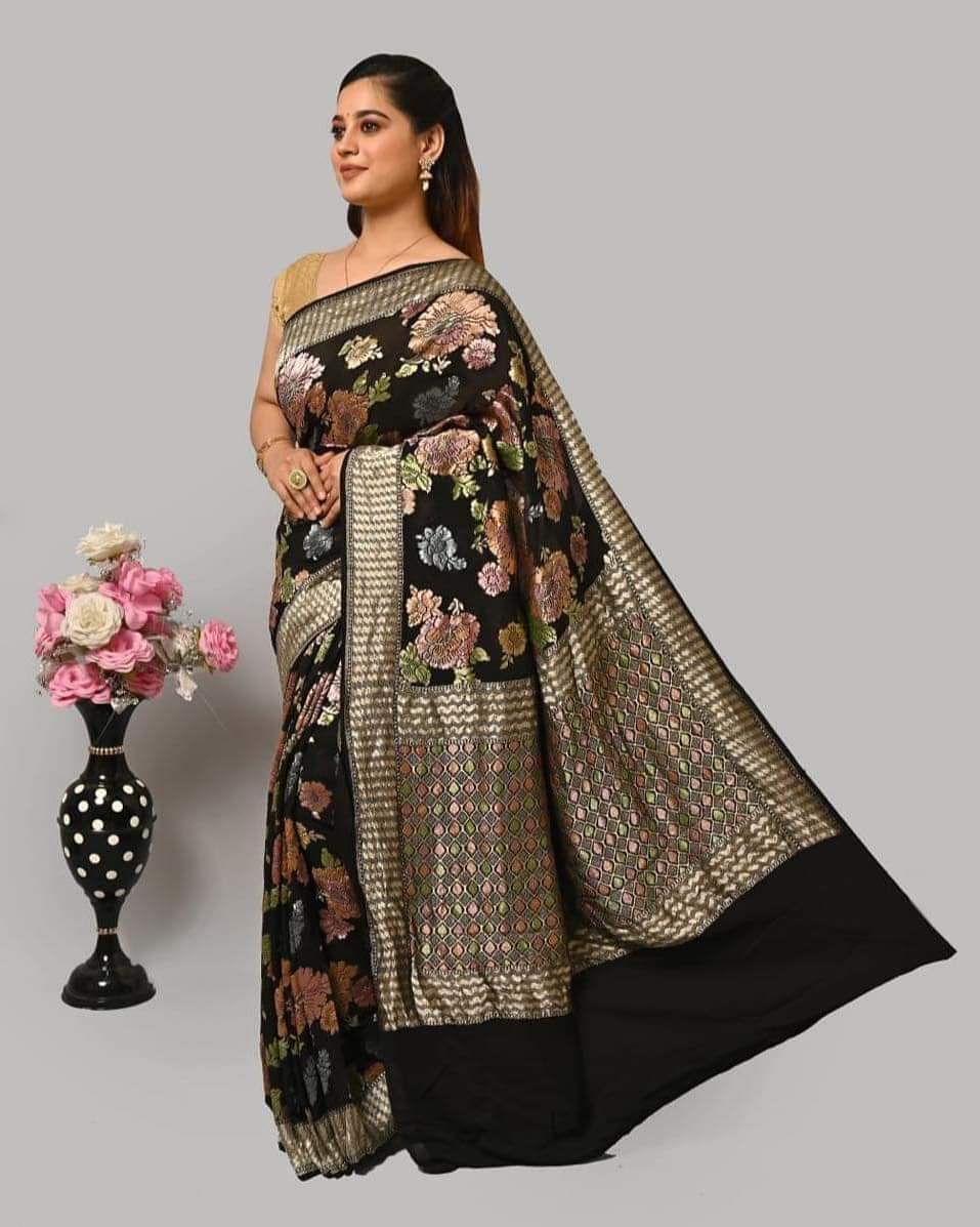 Black chiffon gorgette saree - Saffronfashionindia