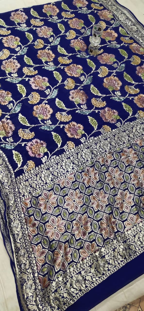 Water zari Meenakari khaddi gorgette saree - Saffronfashionindia