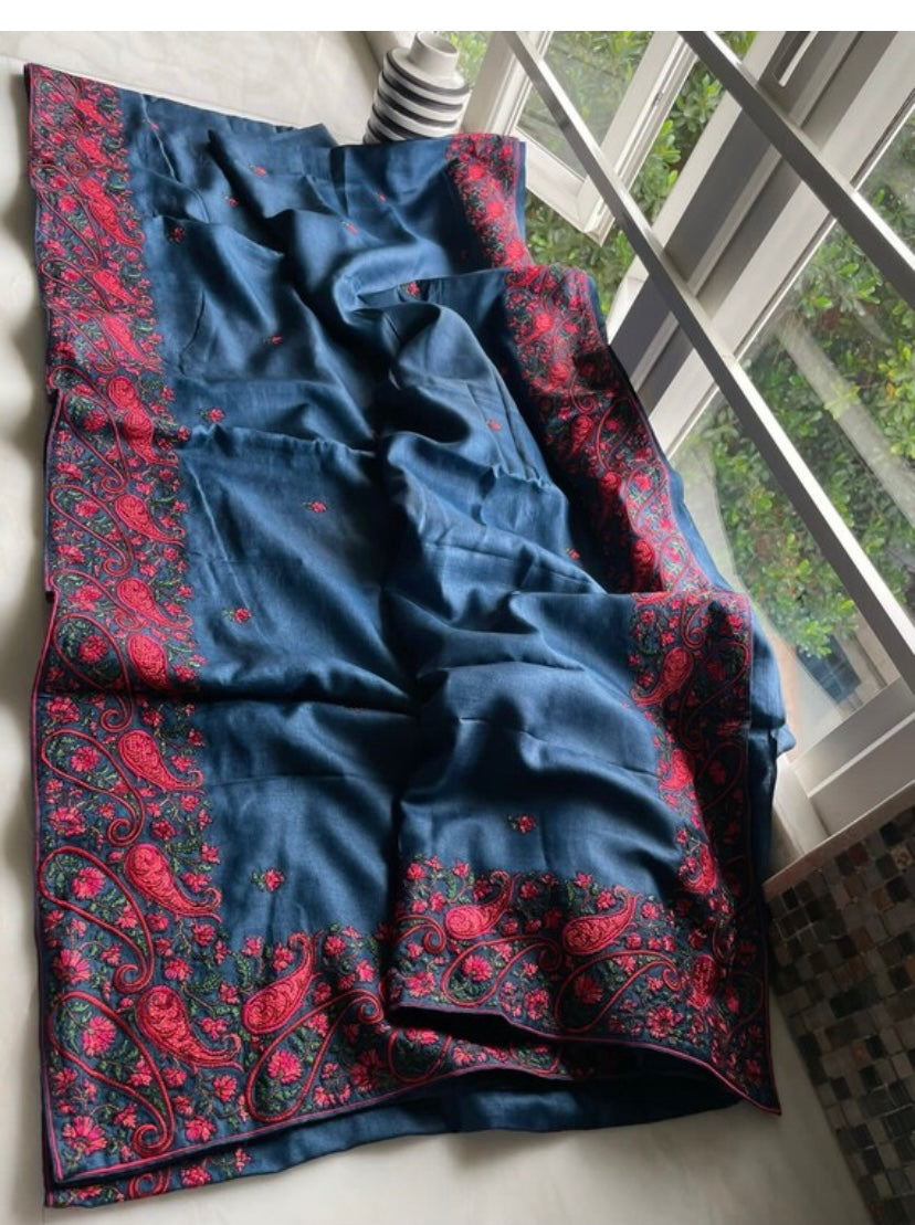 Blue tussar saree - Saffronfashionindia
