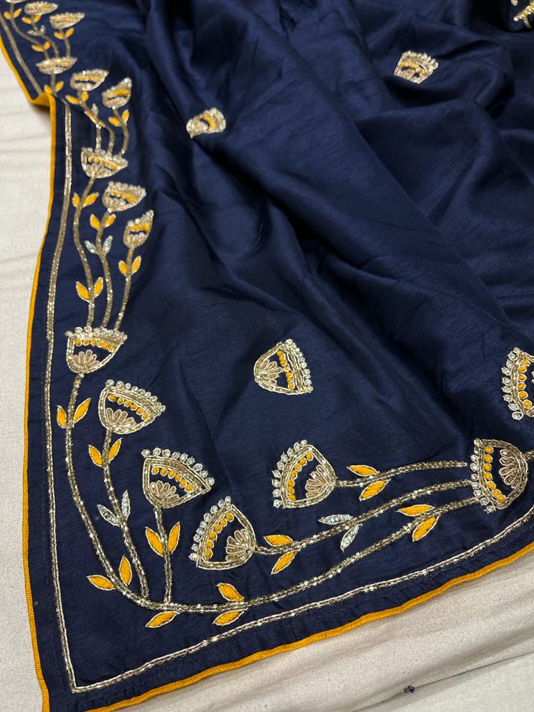 Blossom blue zardosi saree - Saffronfashionindia