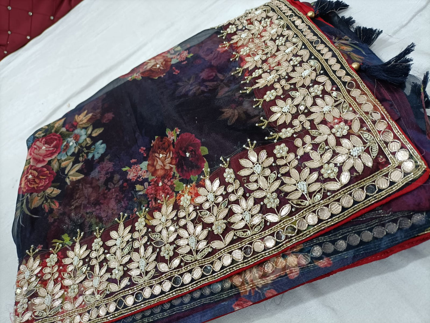 Gottapatti floral organza saree - Saffronfashionindia