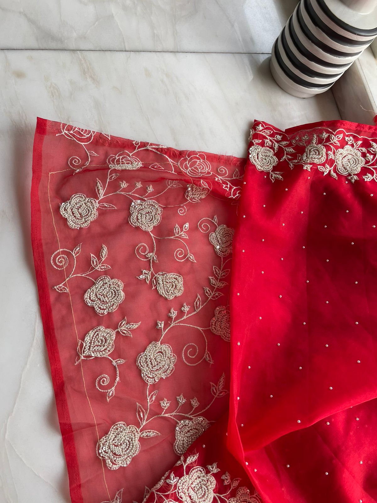 Red hot Pearl saree - Saffronfashionindia