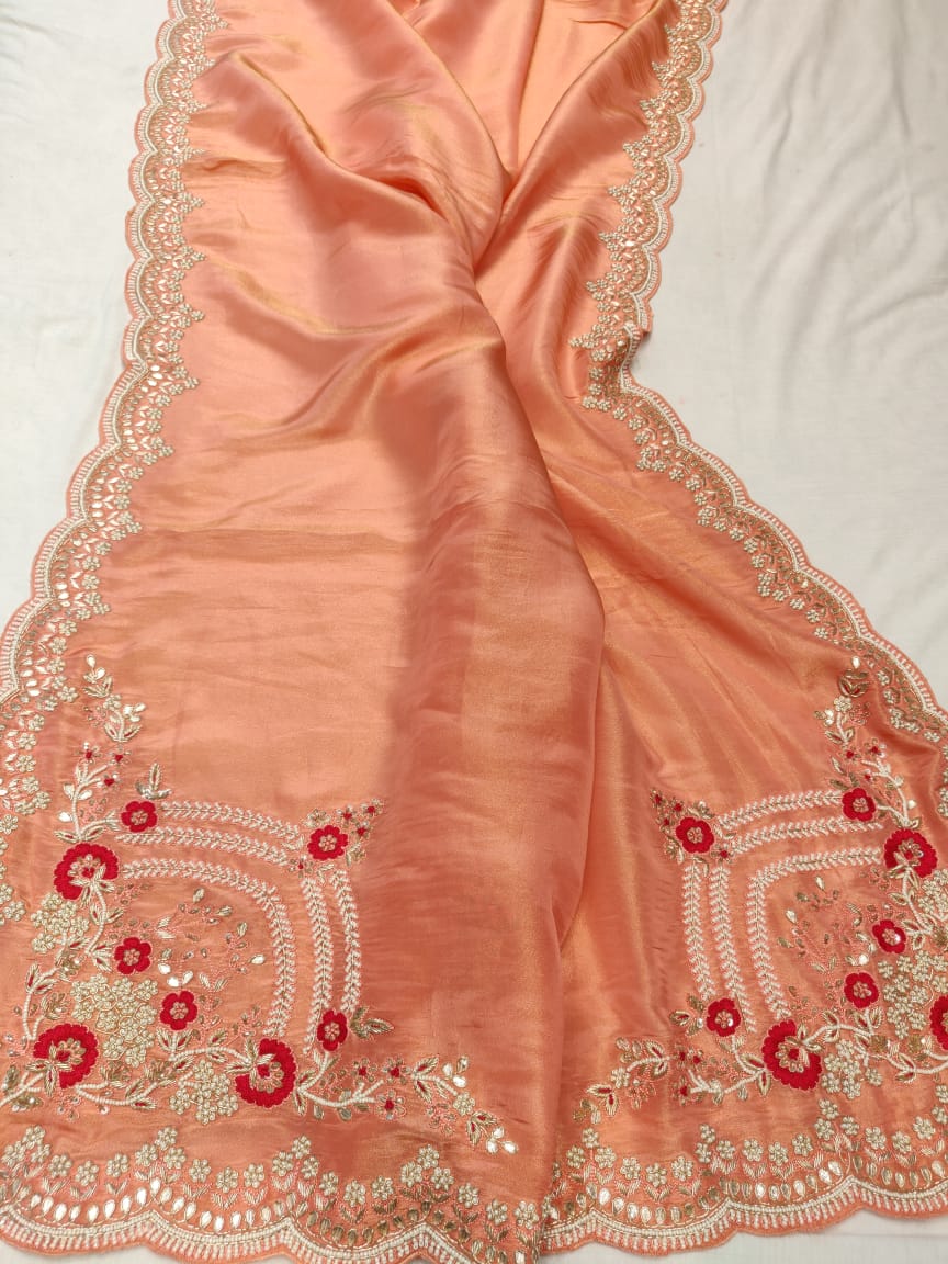 Peachy peach gorgette saree - Saffronfashionindia
