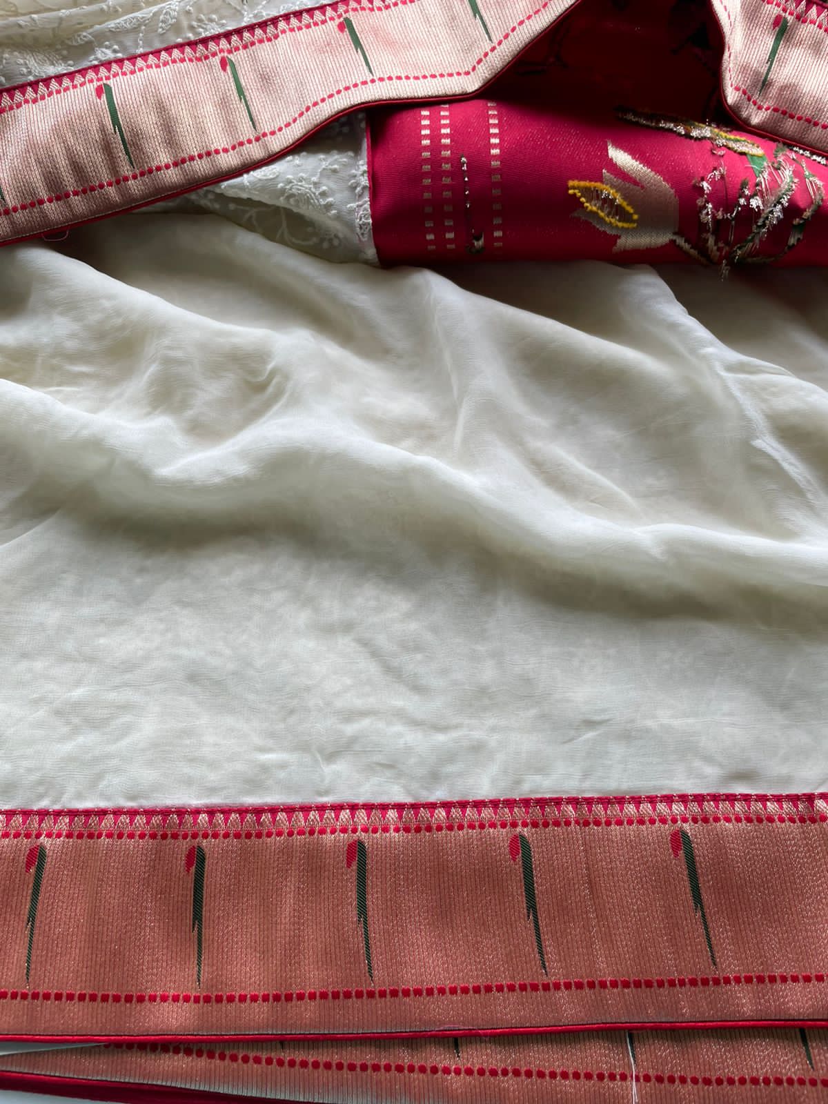 White Chikankari Paithani saree - Saffronfashionindia