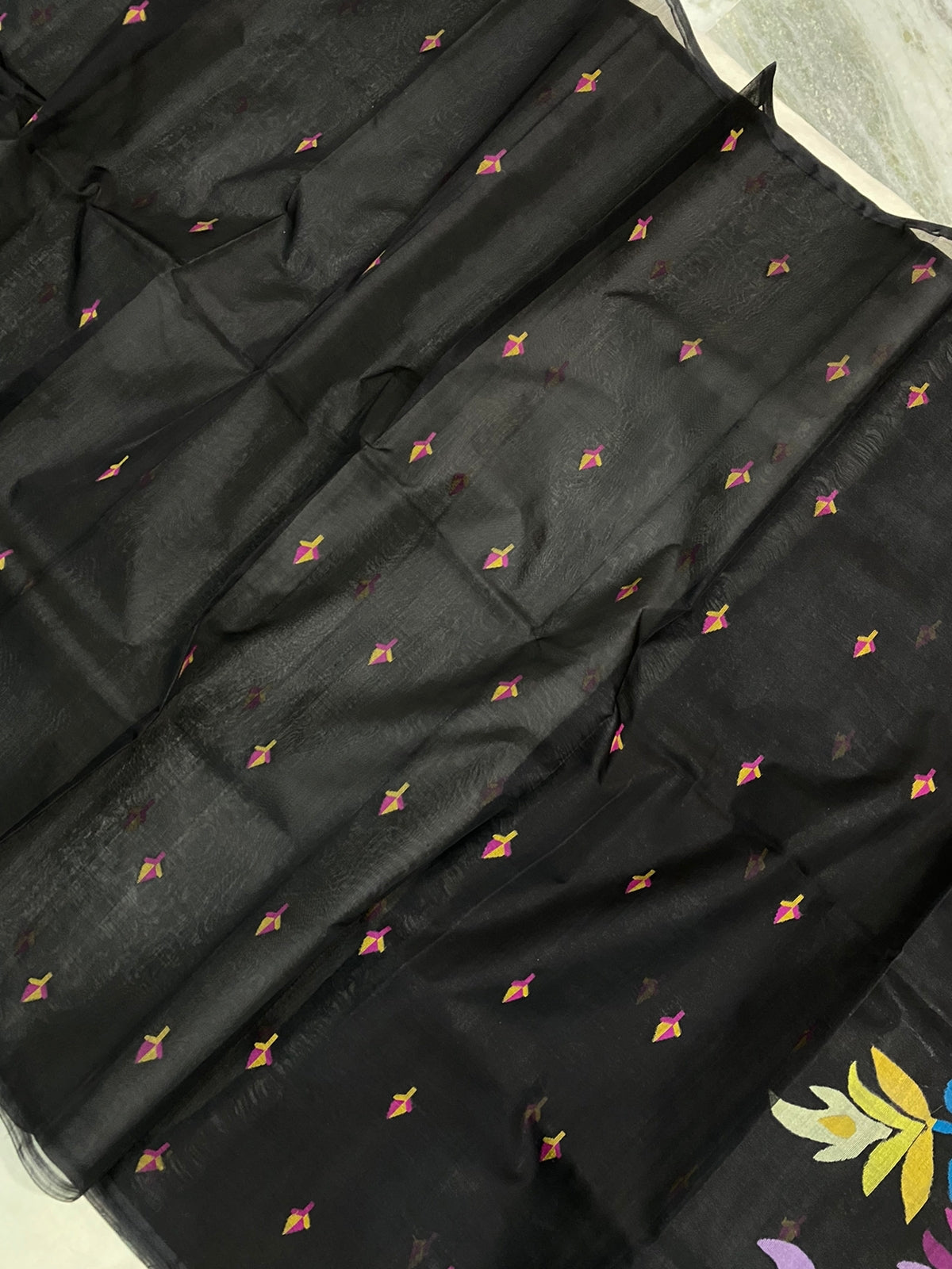 Black muslin jamdani saree - Saffronfashionindia