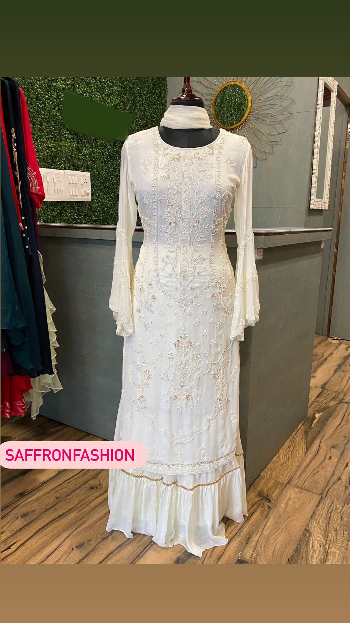 White embroidered chinon dress - Saffronfashionindia