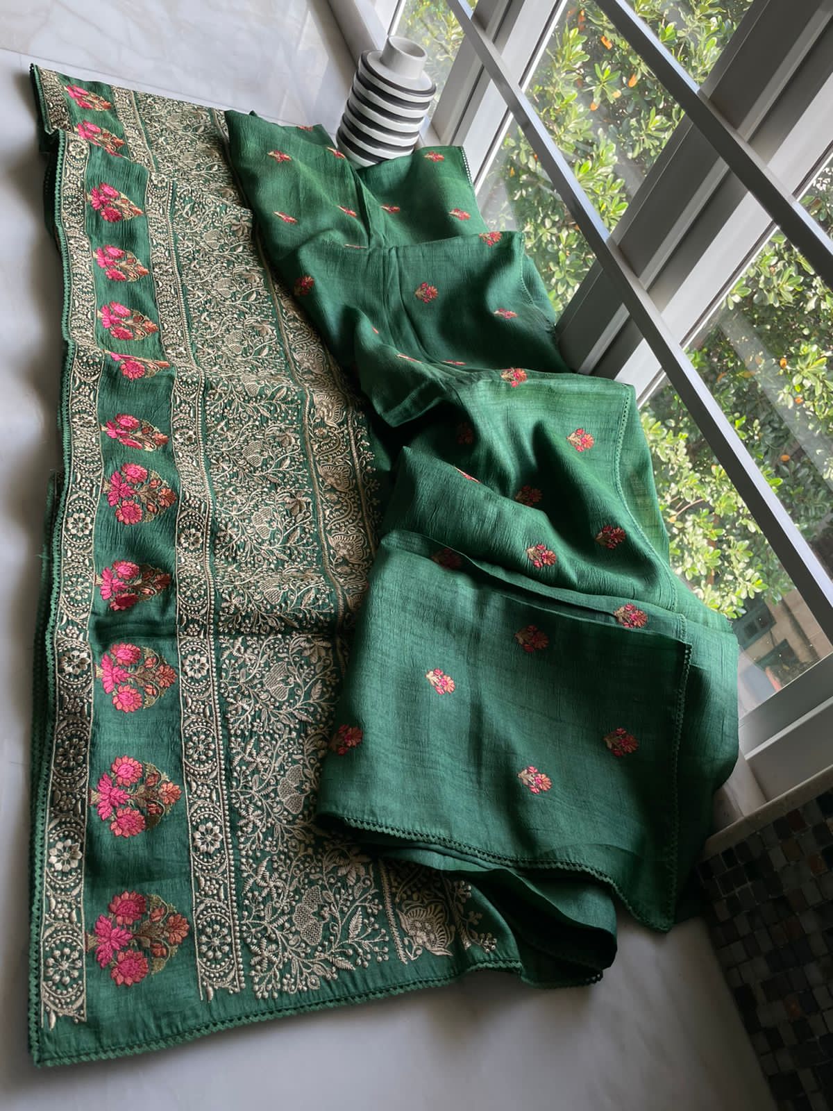 Green tussar embroidery saree - Saffronfashionindia