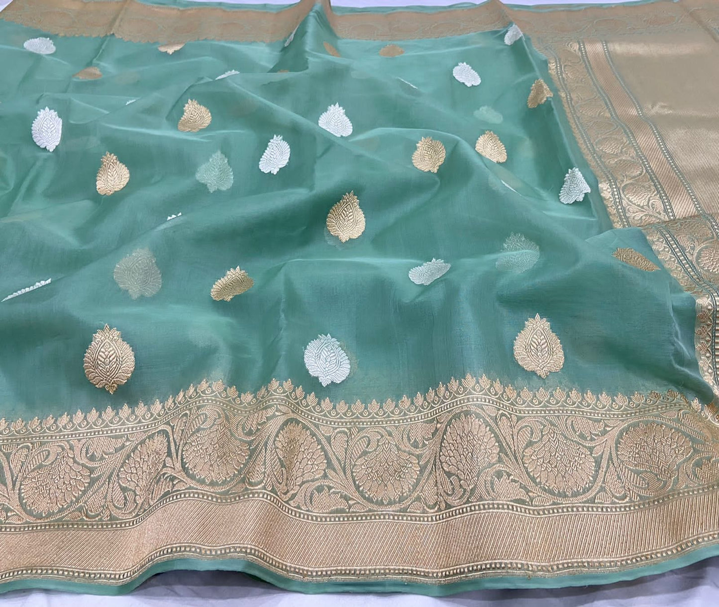 Saga green kora silk saree - Saffronfashionindia