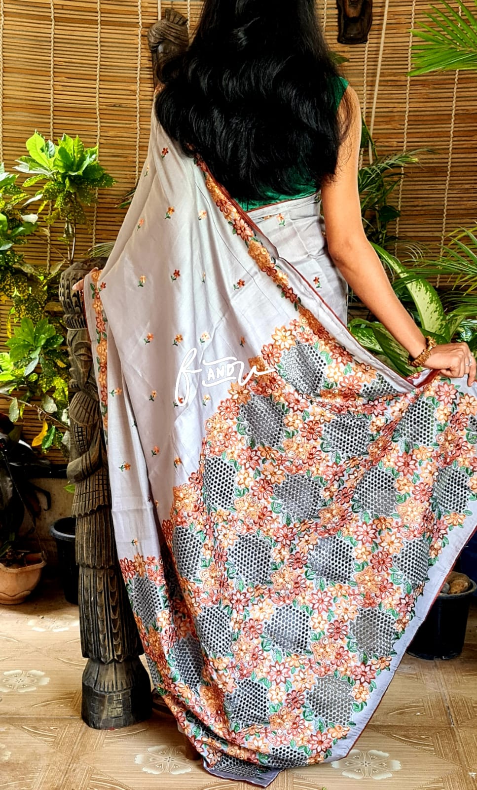 Floral soft tussar silk saree - Saffronfashionindia