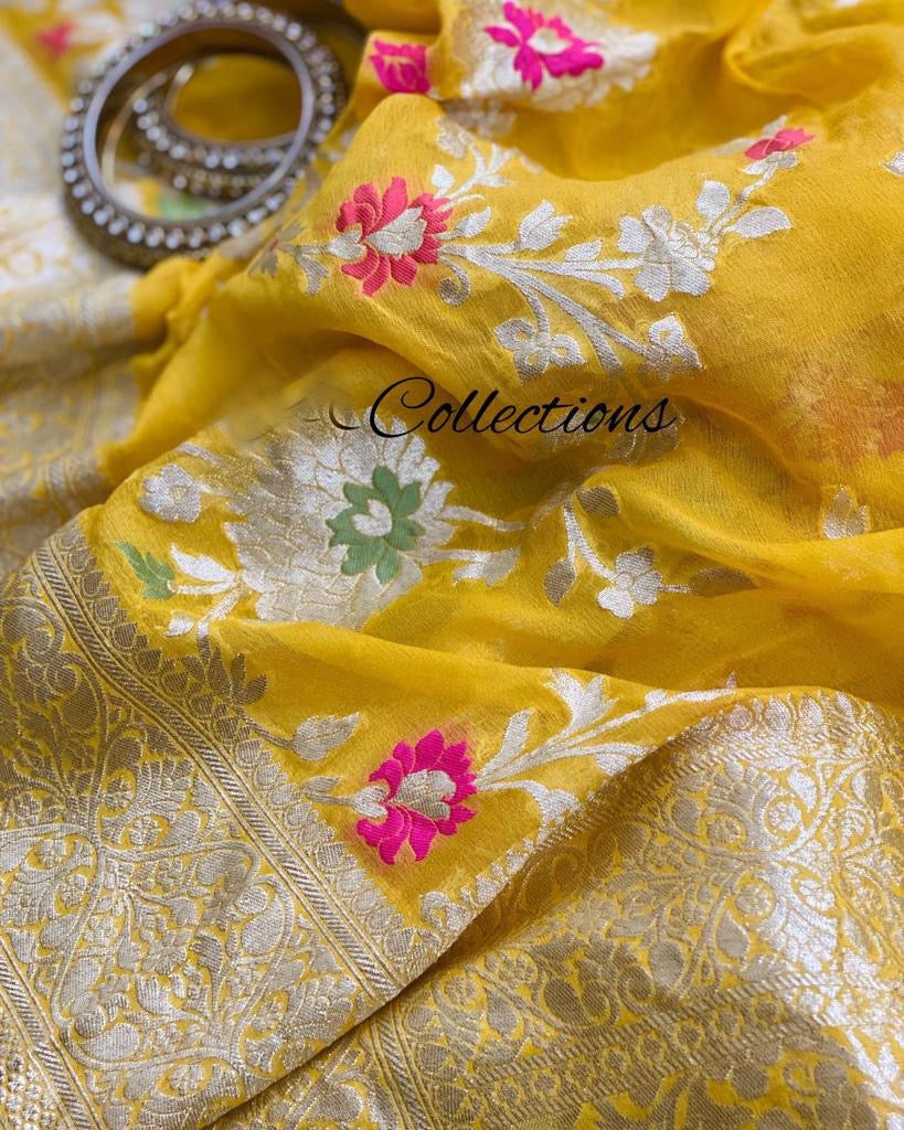 Yellow floral gorgette saree - Saffronfashionindia