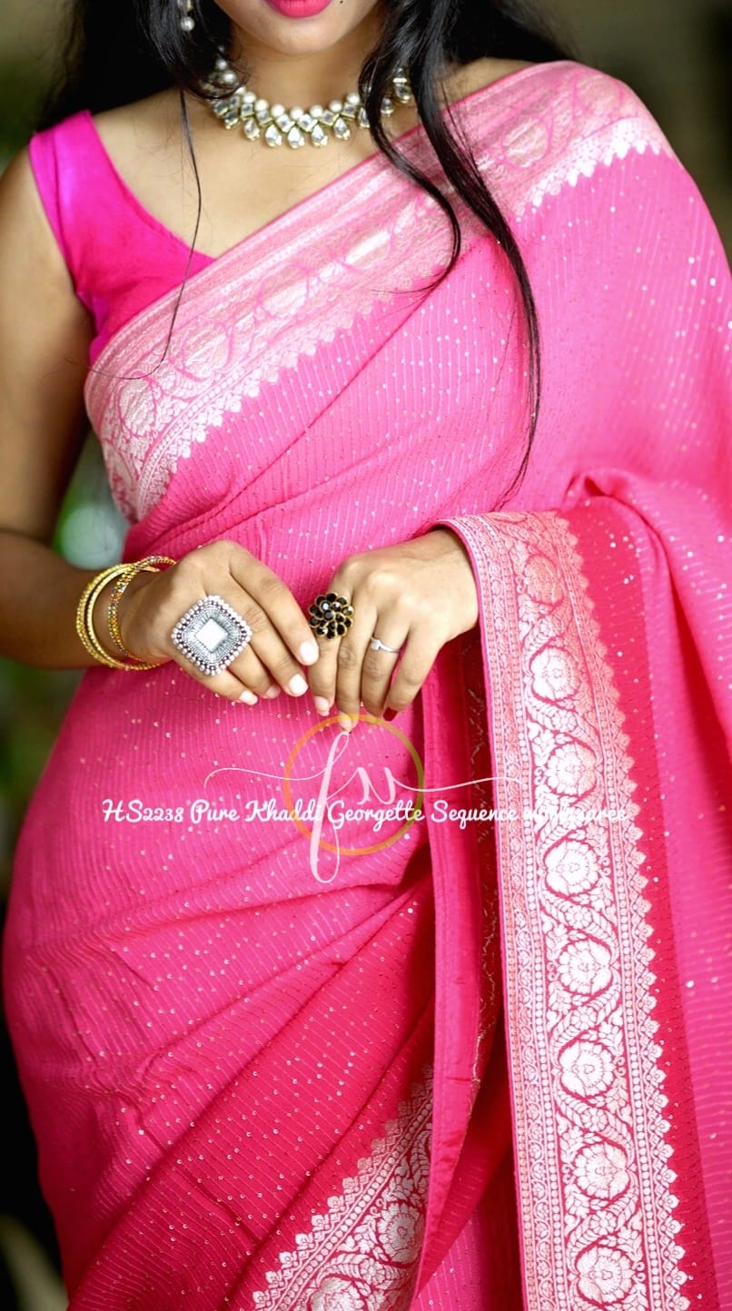 Pink sequence khaddi gorgette sari - Saffronfashionindia