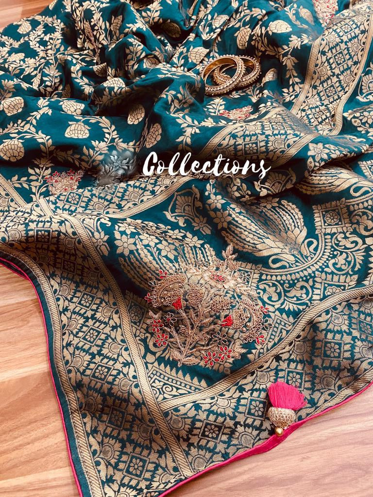 Karina zardosi Munga saree - Saffronfashionindia