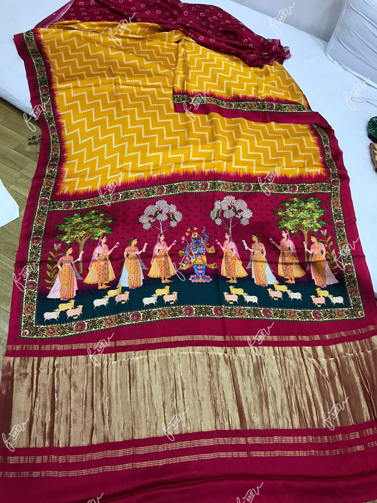 Pichwai printed gajji silk saree - Saffronfashionindia