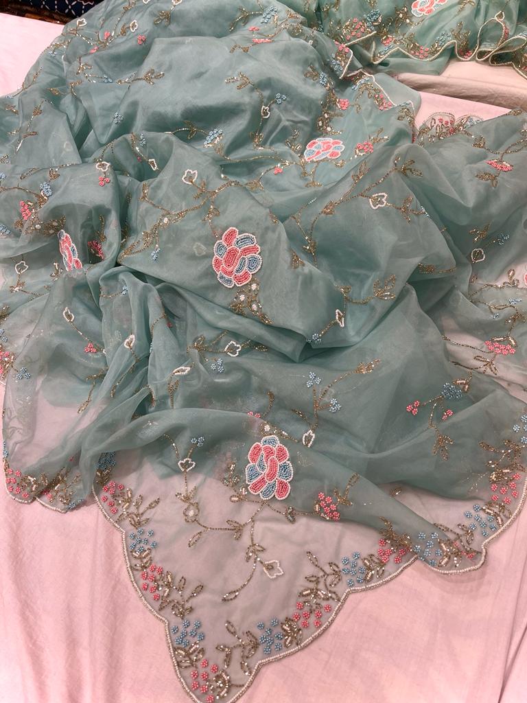 Kiara organza Pearl zardosi saree - Saffronfashionindia