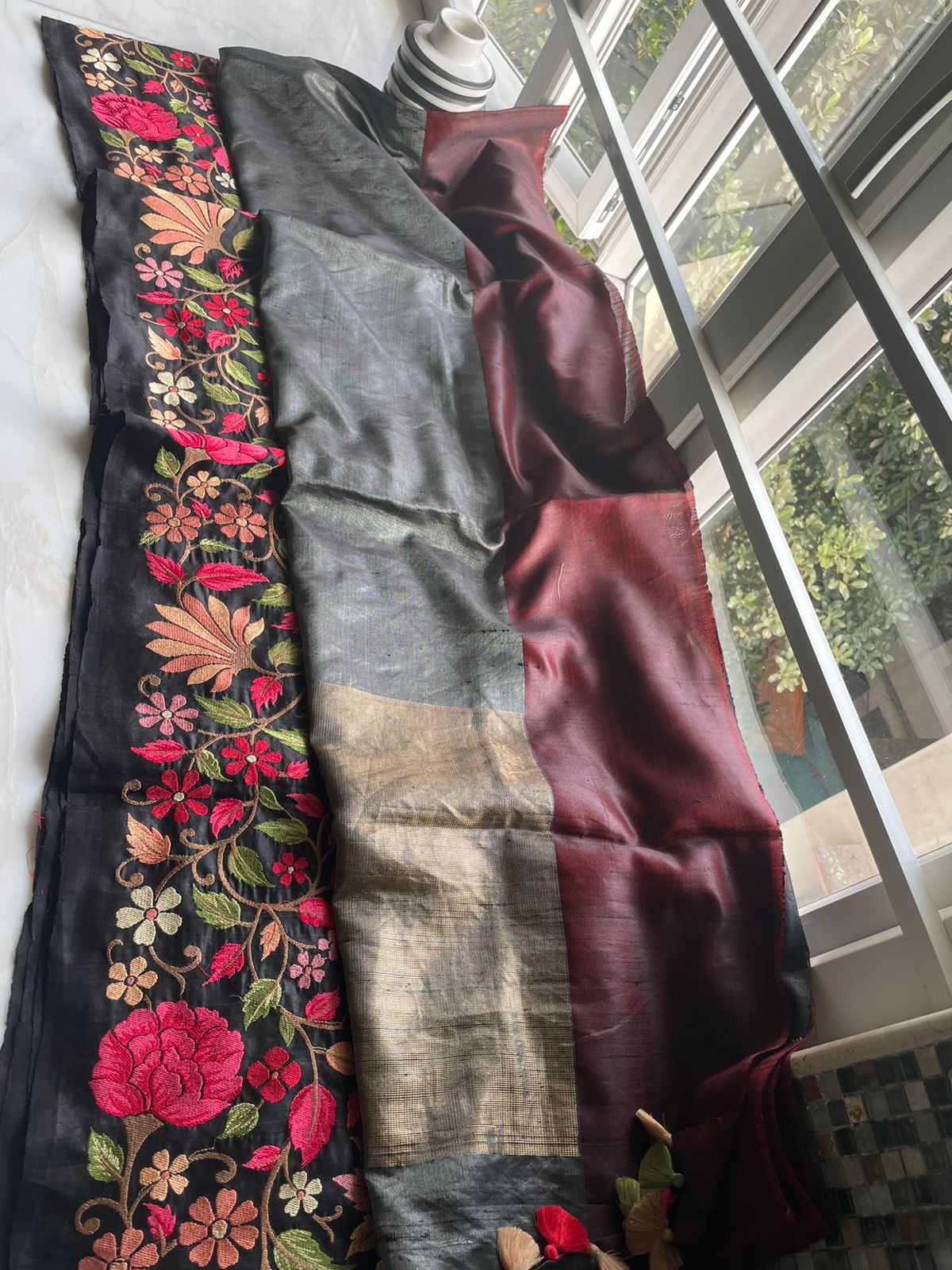 Floral tussar embroidery saree - Saffronfashionindia