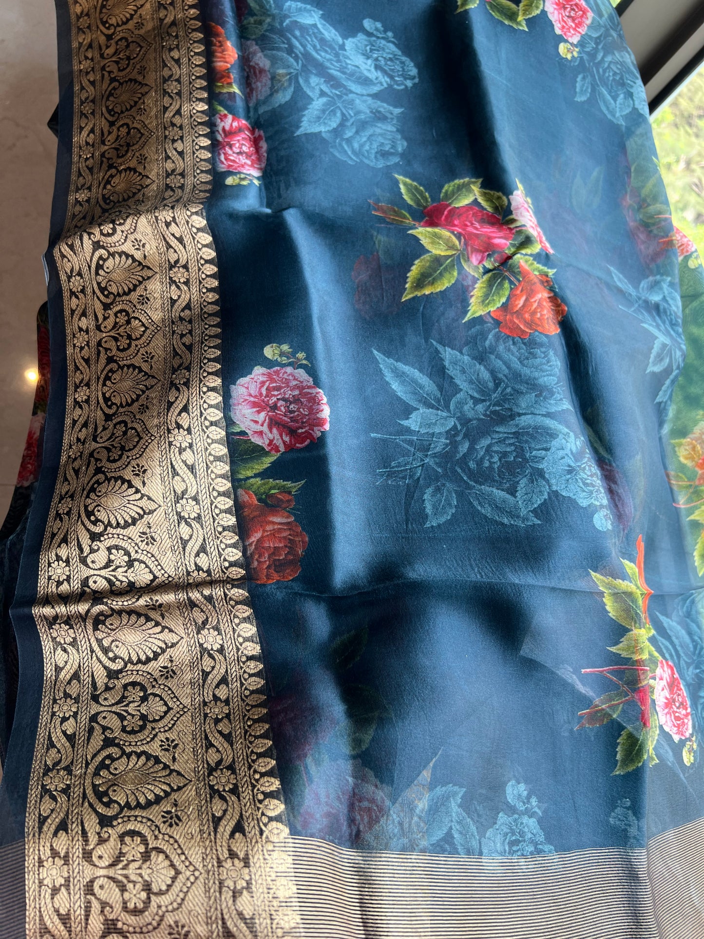 Kivashi Saree organza saree floral saree sabyasachi bordered sari blouse - Saffronfashionindia