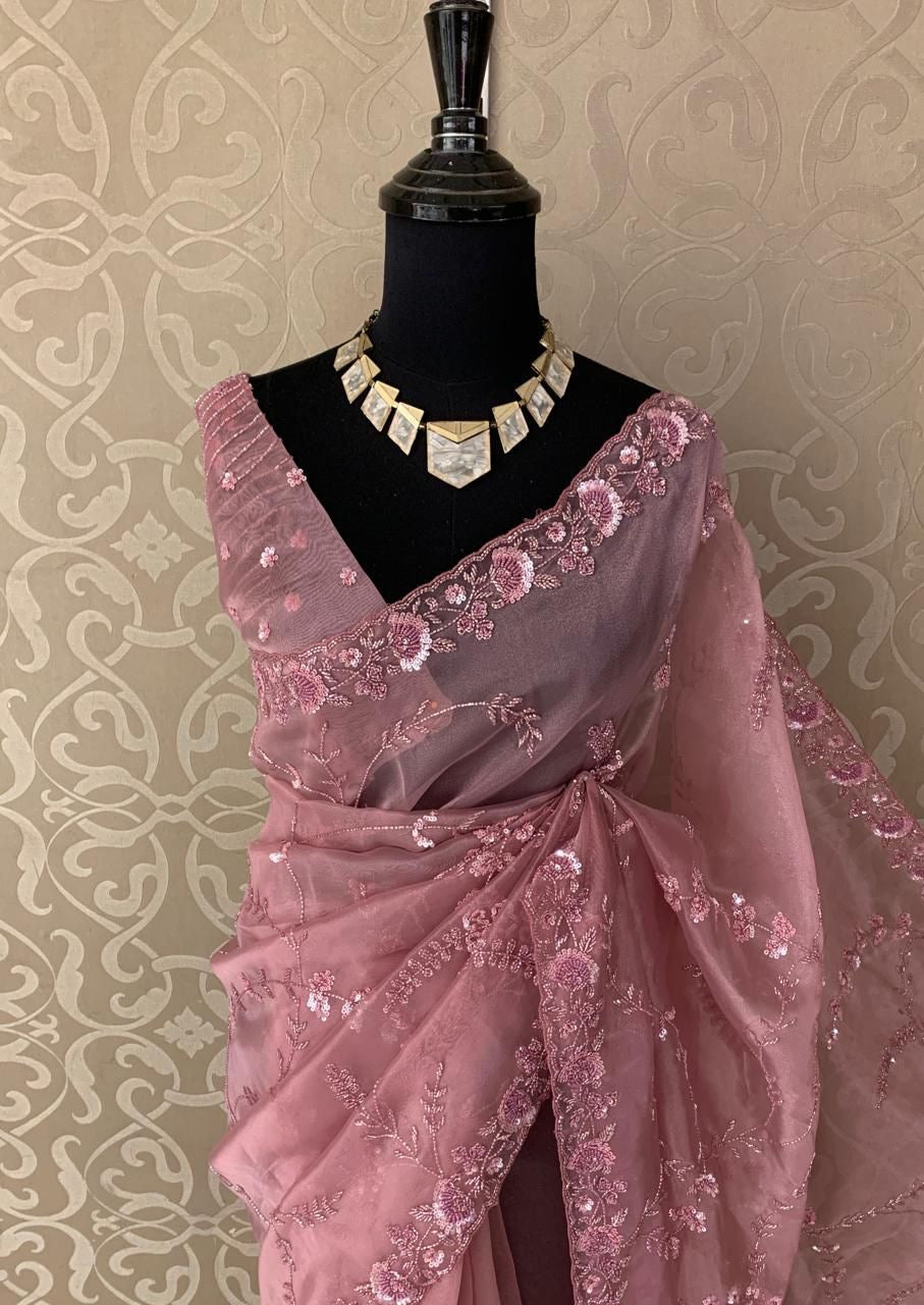 Elegant beautiful organza saree Partywear saree blouse reception saree - Saffronfashionindia