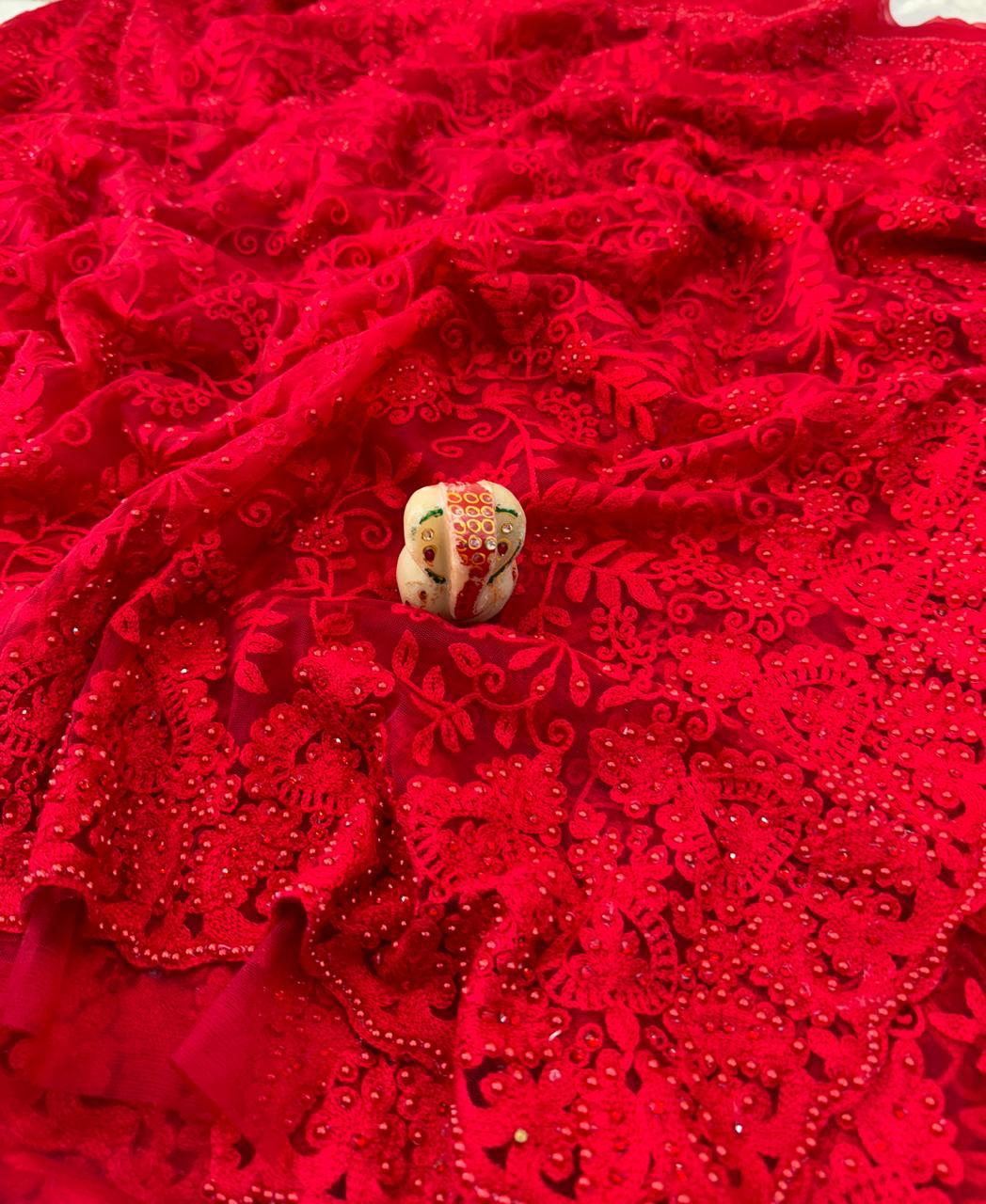 Red hot saree bridal saree netted sarees women sari blouse SaffronFashion