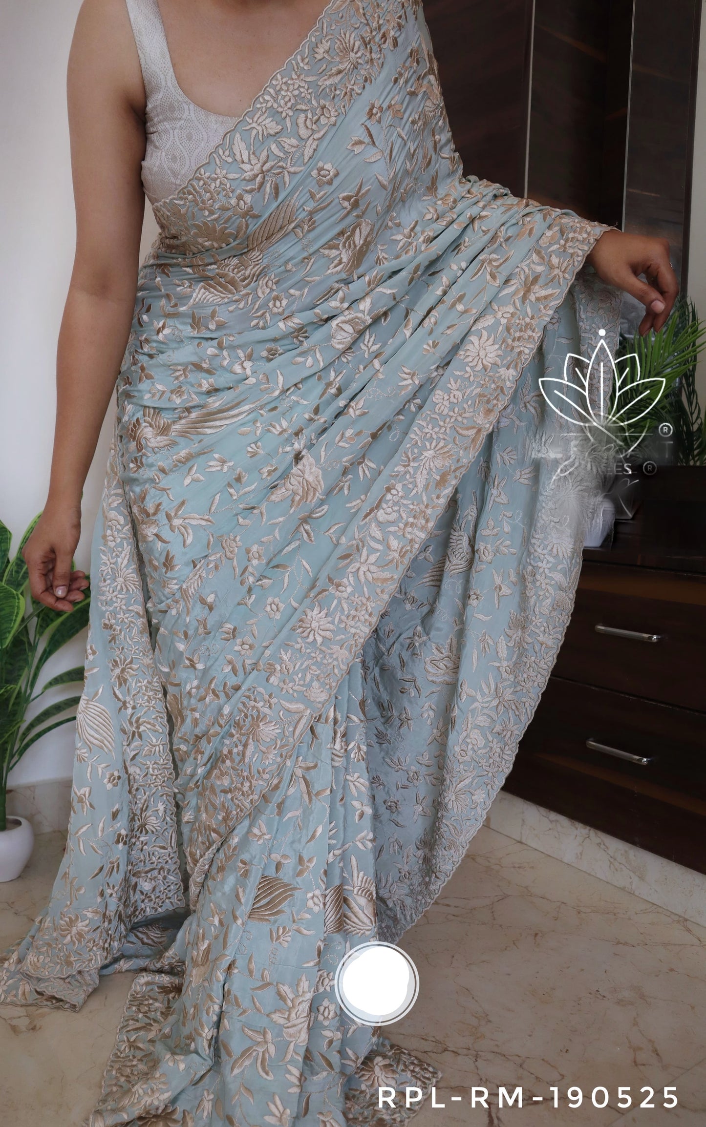 Black Parsi thread Embroidered Saree SaffronFashion