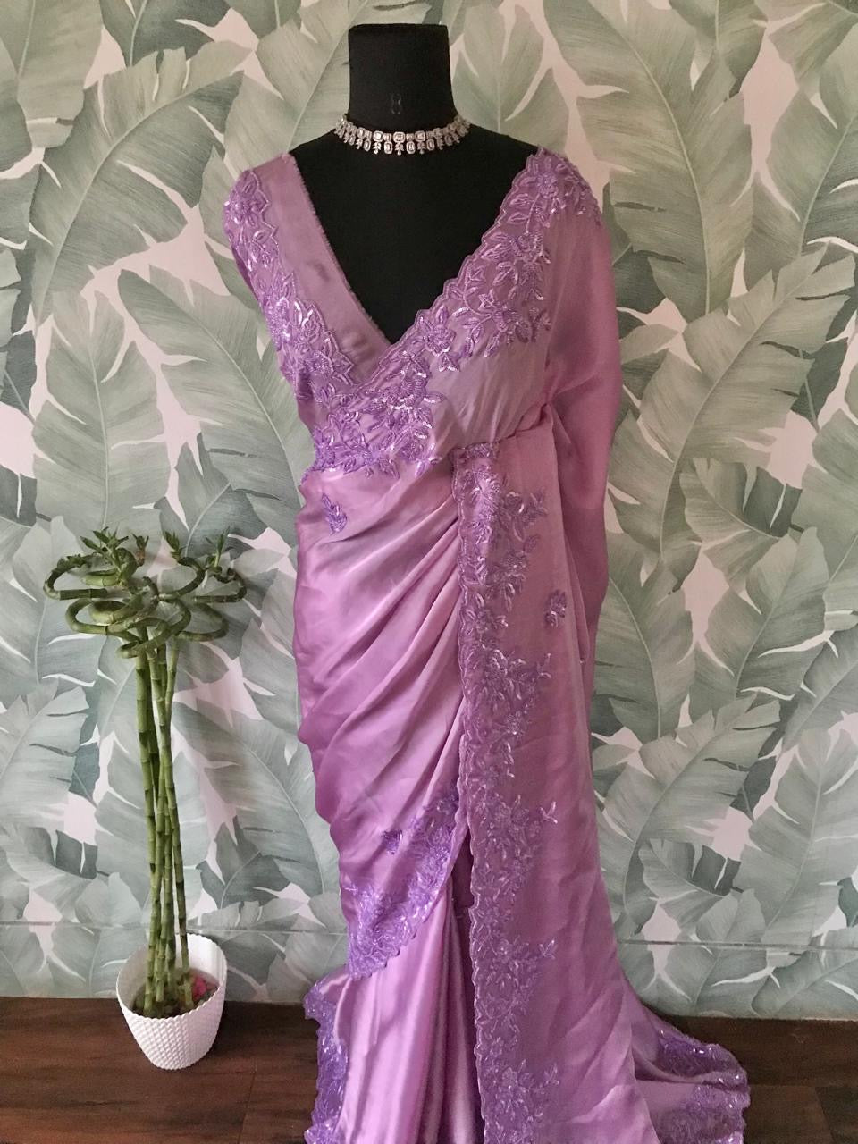 Lilac Satin organza silk saree Partywear sarees Indian sari SaffronFashion