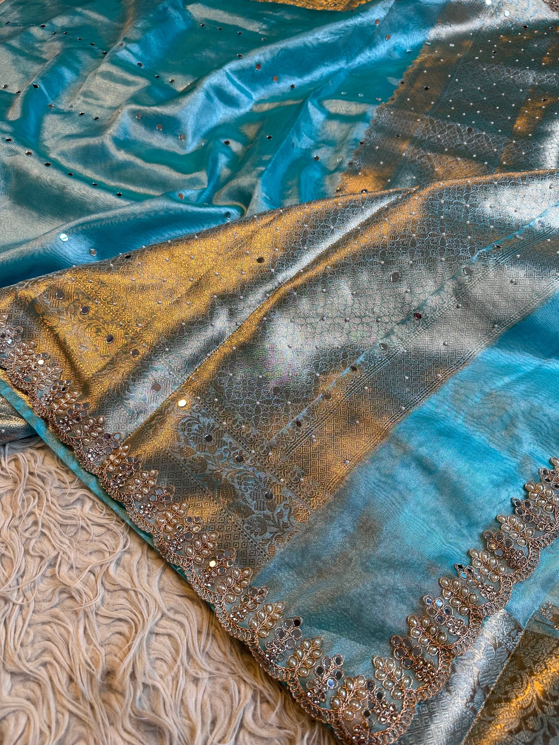 Firoza blue saree Banarsi tissue sarees Indian sari blouse SaffronFashion
